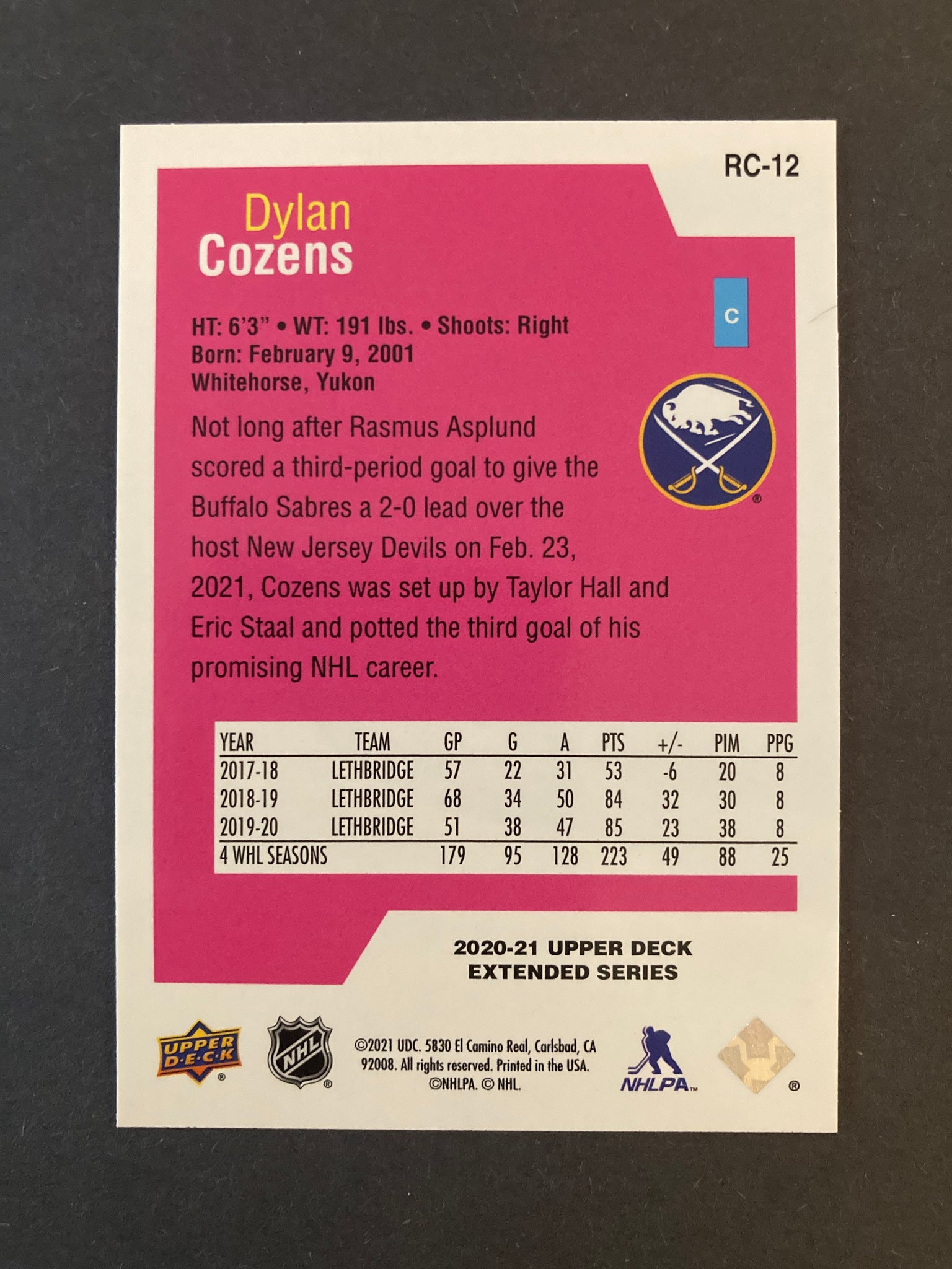 Dylan Cozens Upper Deck Rookie Class Extended Series #RC-12 Buffalo Sabres