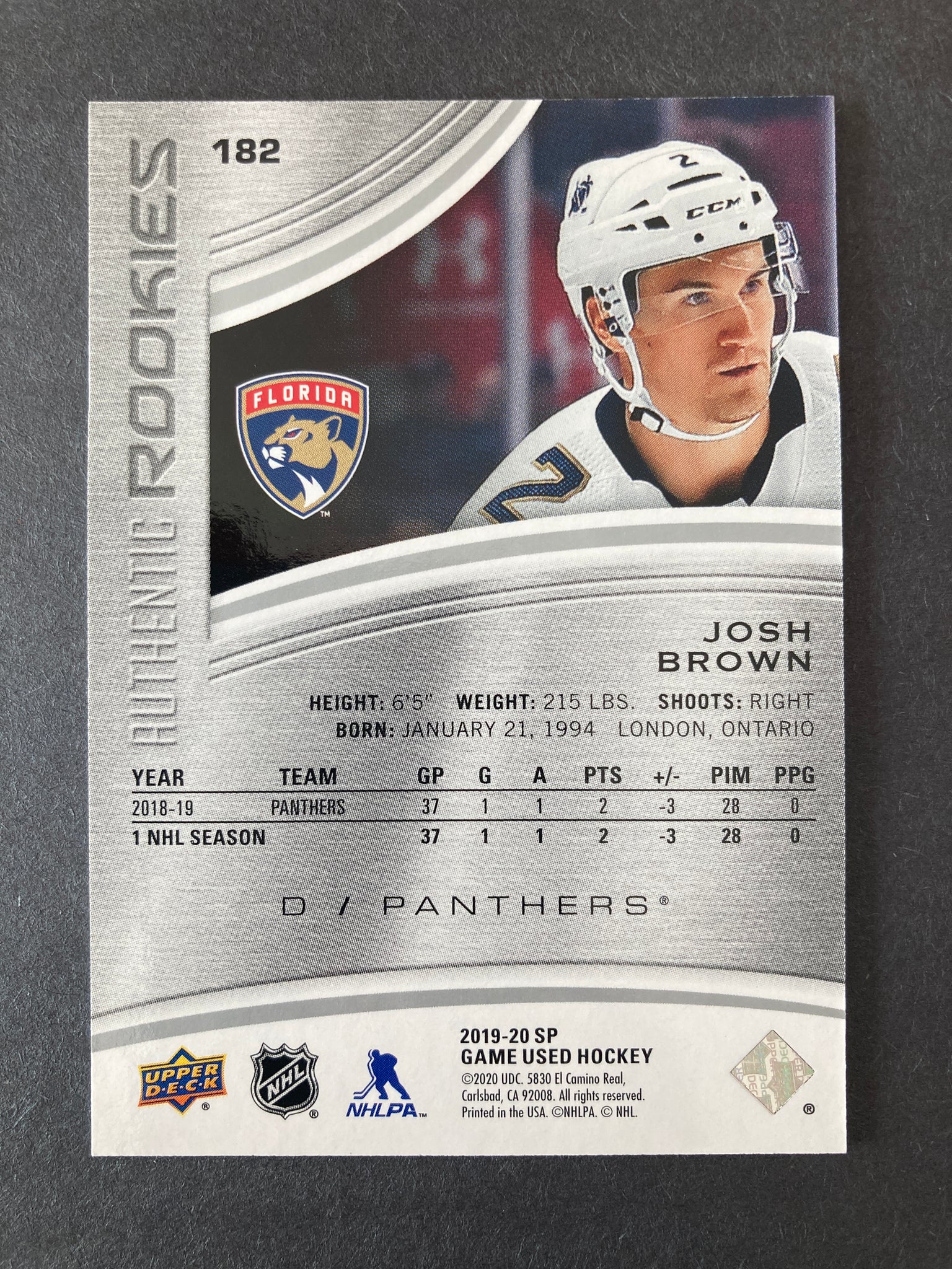 Josh Brown 2019 SP Game Used Authentic Rookies #/294 Upper Deck Florida Panthers