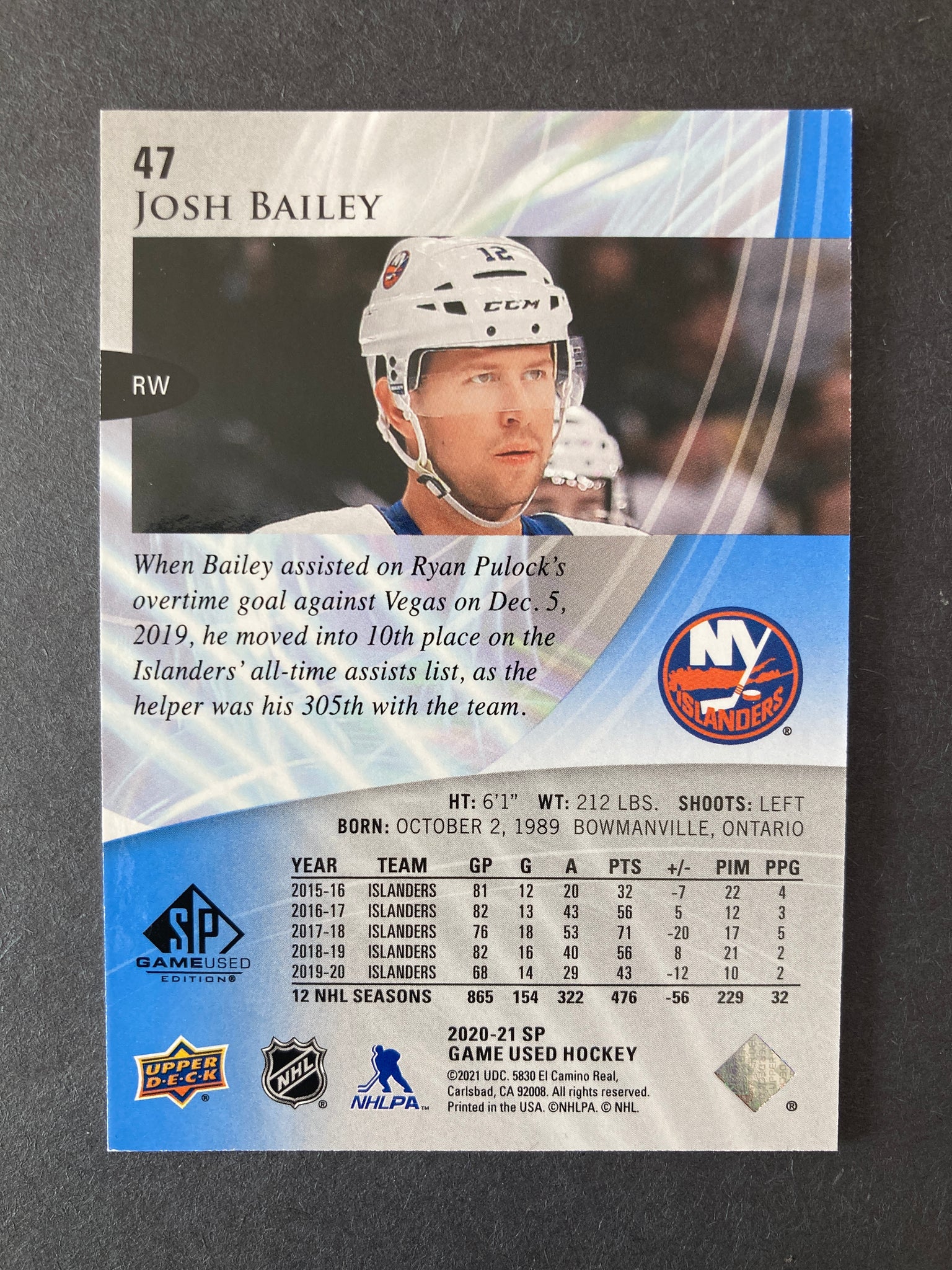 Josh Bailey 2020 SP Game Used #d /165 New York Islanders Upper Deck