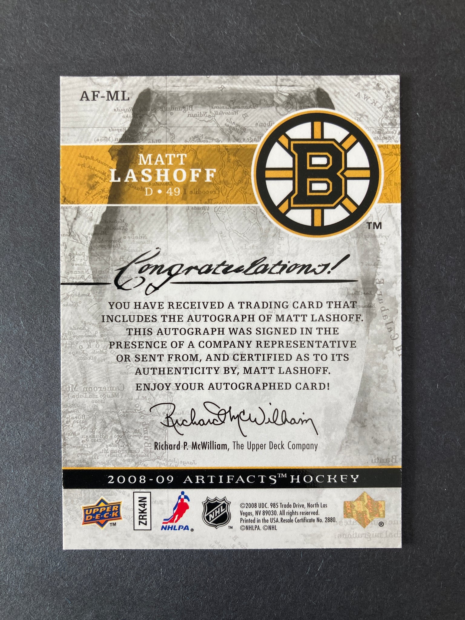 Matt Lashoff 2008 Artifacts #AF-ML Autograph Boston Bruins Upper Deck