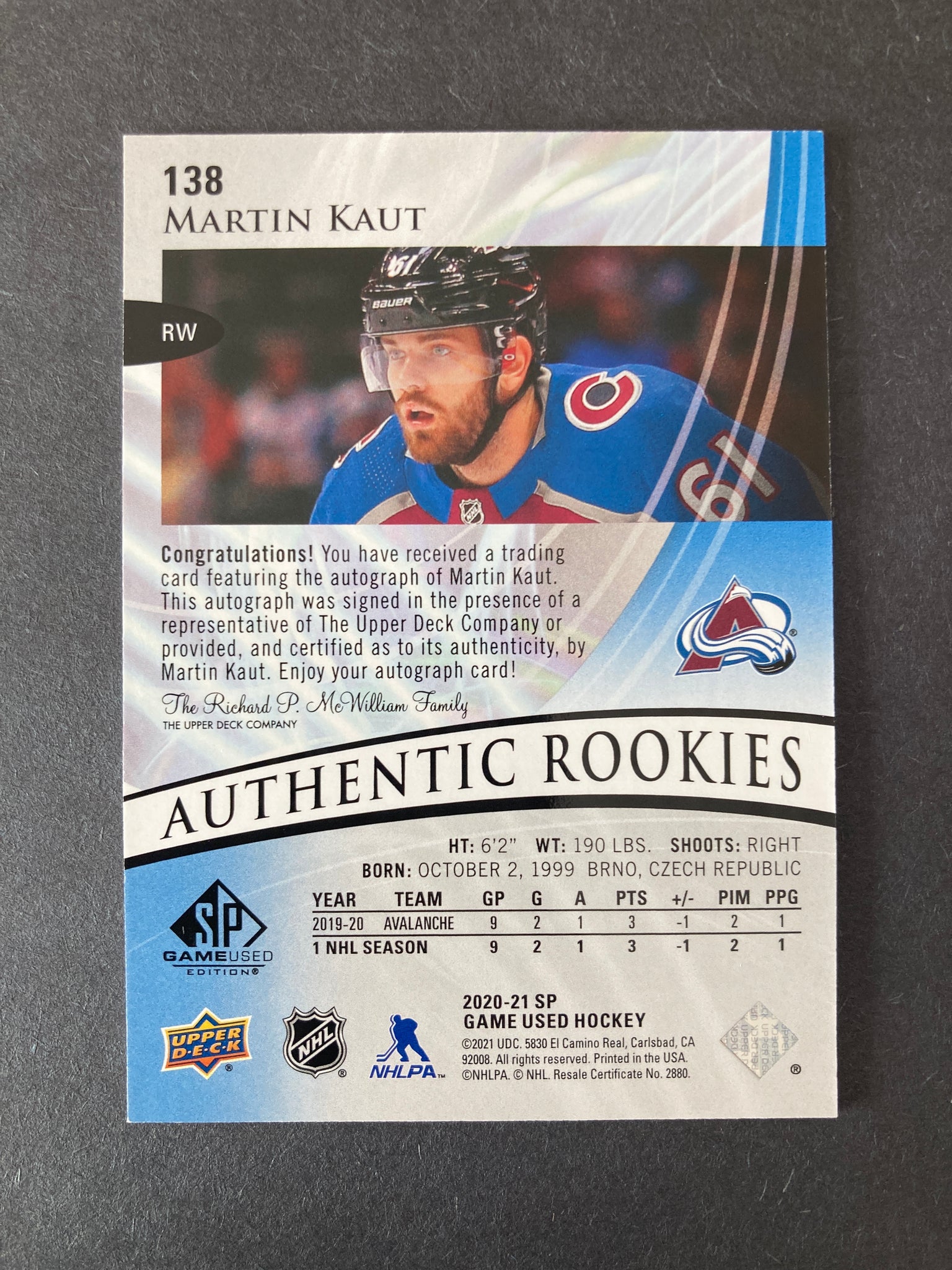 Martin Kaut 2020 SP Game used Authentic Rookies Autograph Colorado Avalanche #138