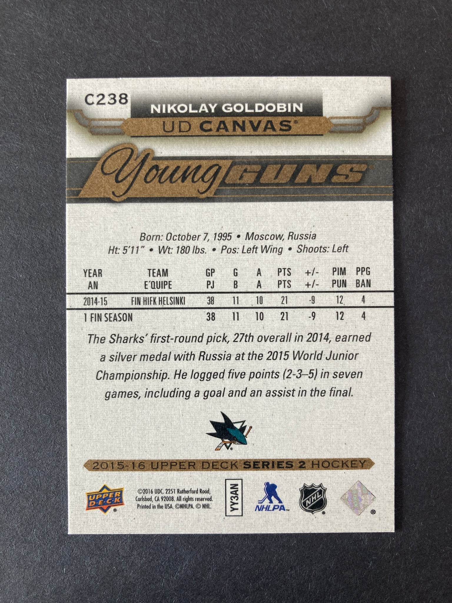 Nikolay Goldobin 2015 UD Canvas Young Guns #C238 San Jose Sharks