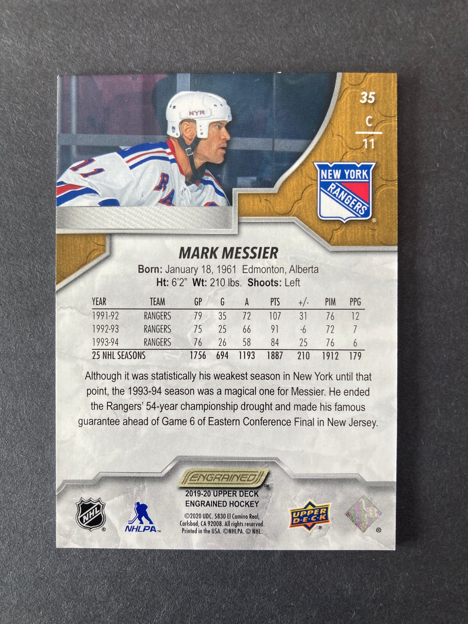 Mark Messier 2019 Engrained #d /299 New York Rangers Upper Deck #35