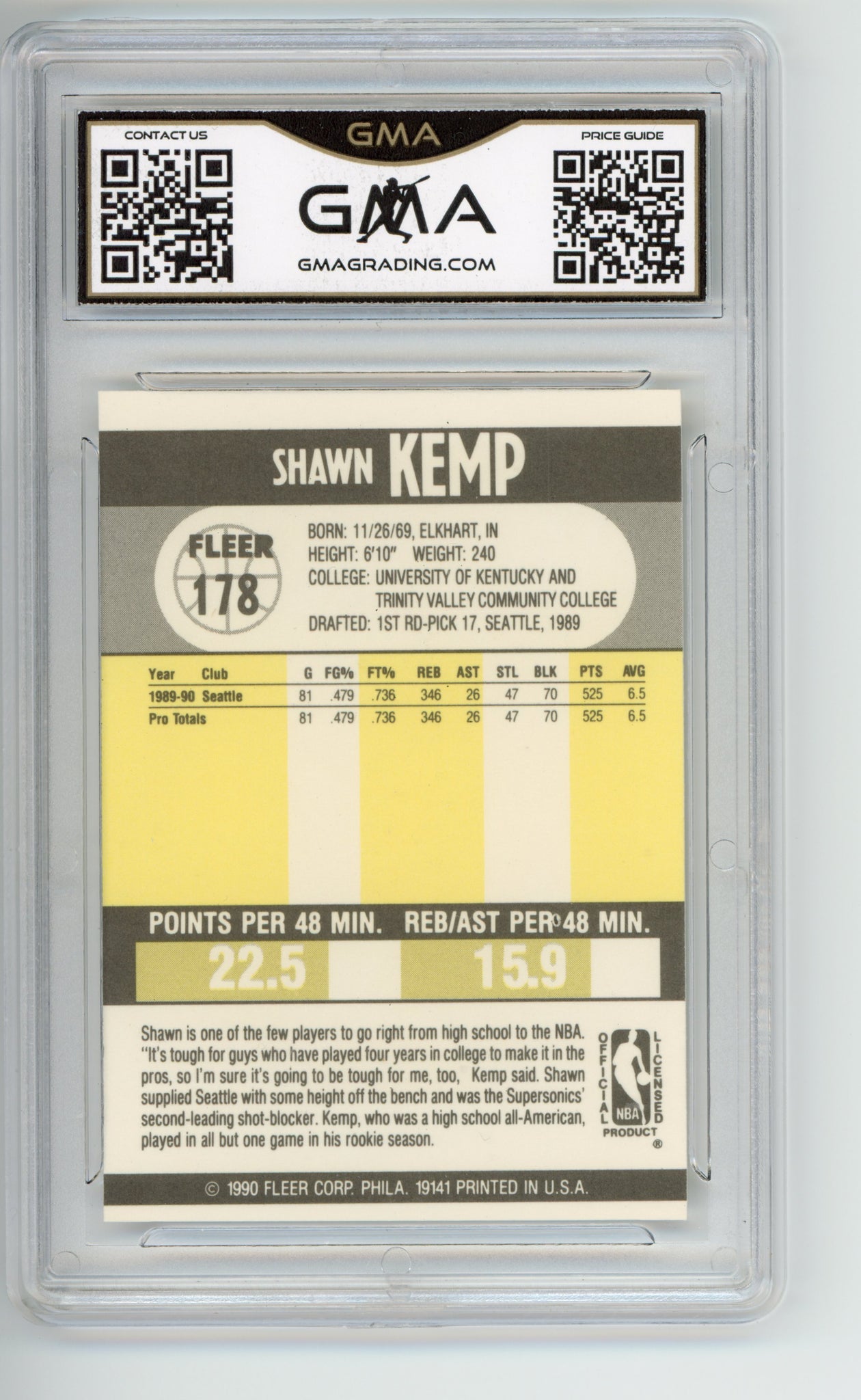 1990 Fleer Shawn Kemp #178 Rookie Seattle Supersonics GMA 8.5 Graded