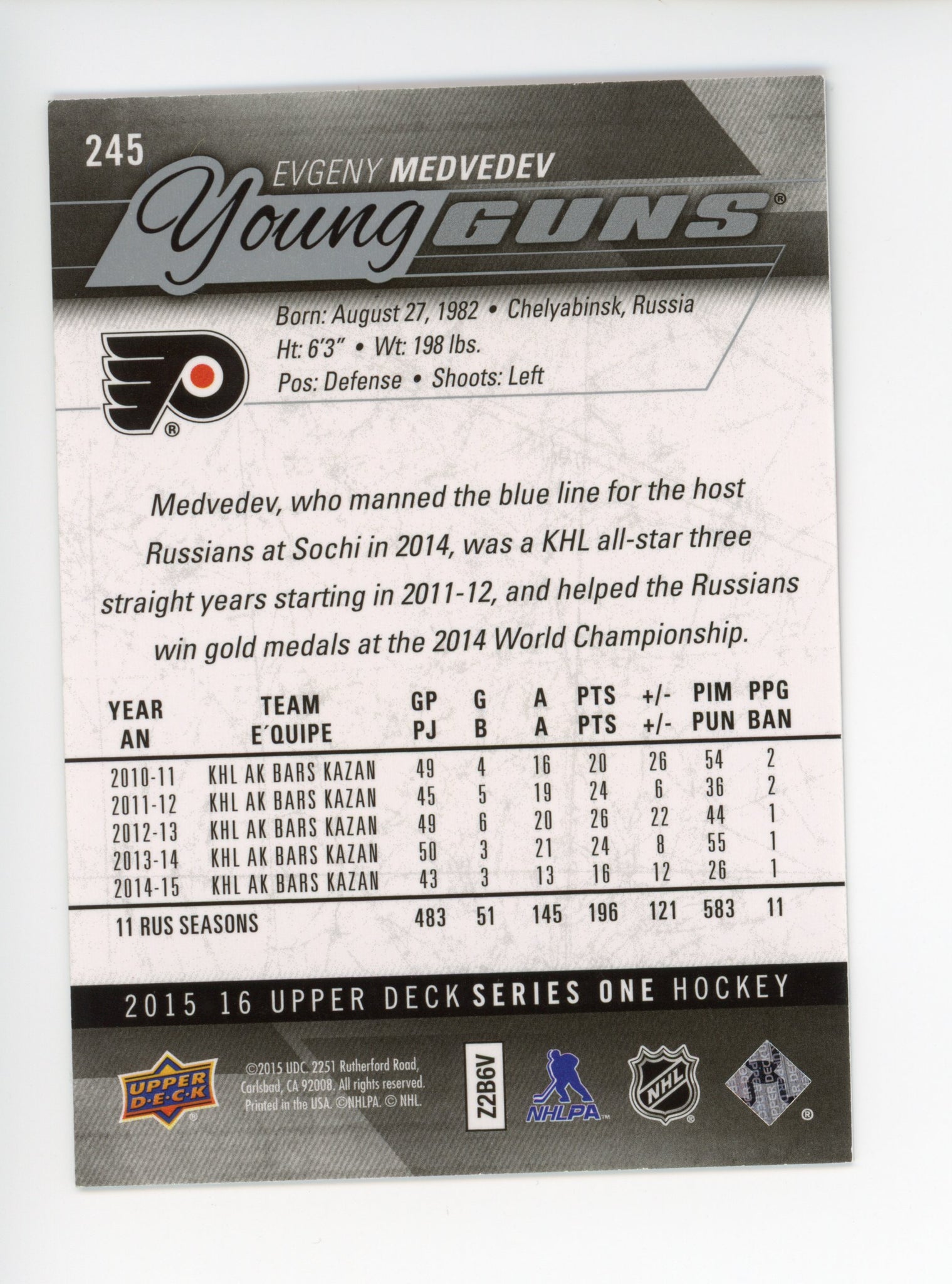 2015-2016 Evgeny Medvedev Young Guns Upper Deck Philadelphia Flyers #245