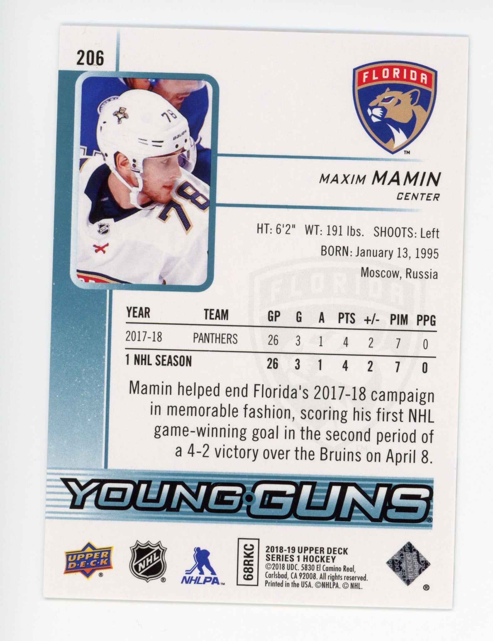 2018-2019 Maxim Mamin Young Guns Upper Deck Florida Panthers #206