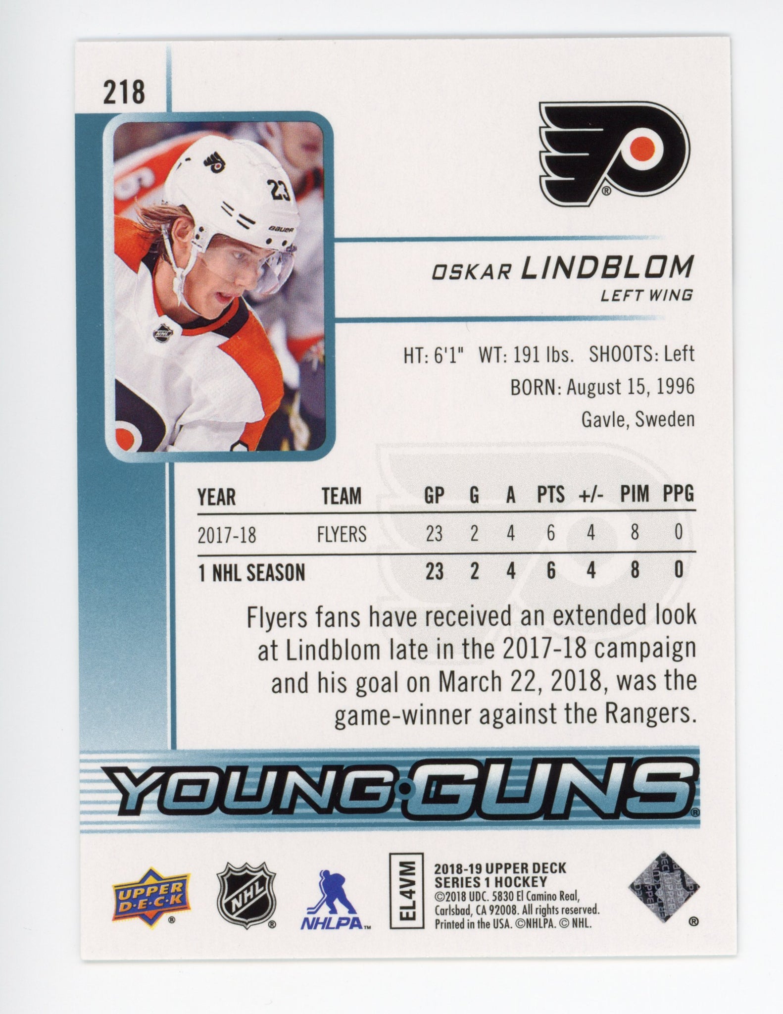 2018-2019 Oskar Lindblom Young Guns Upper Deck Philadelphia Flyers #218
