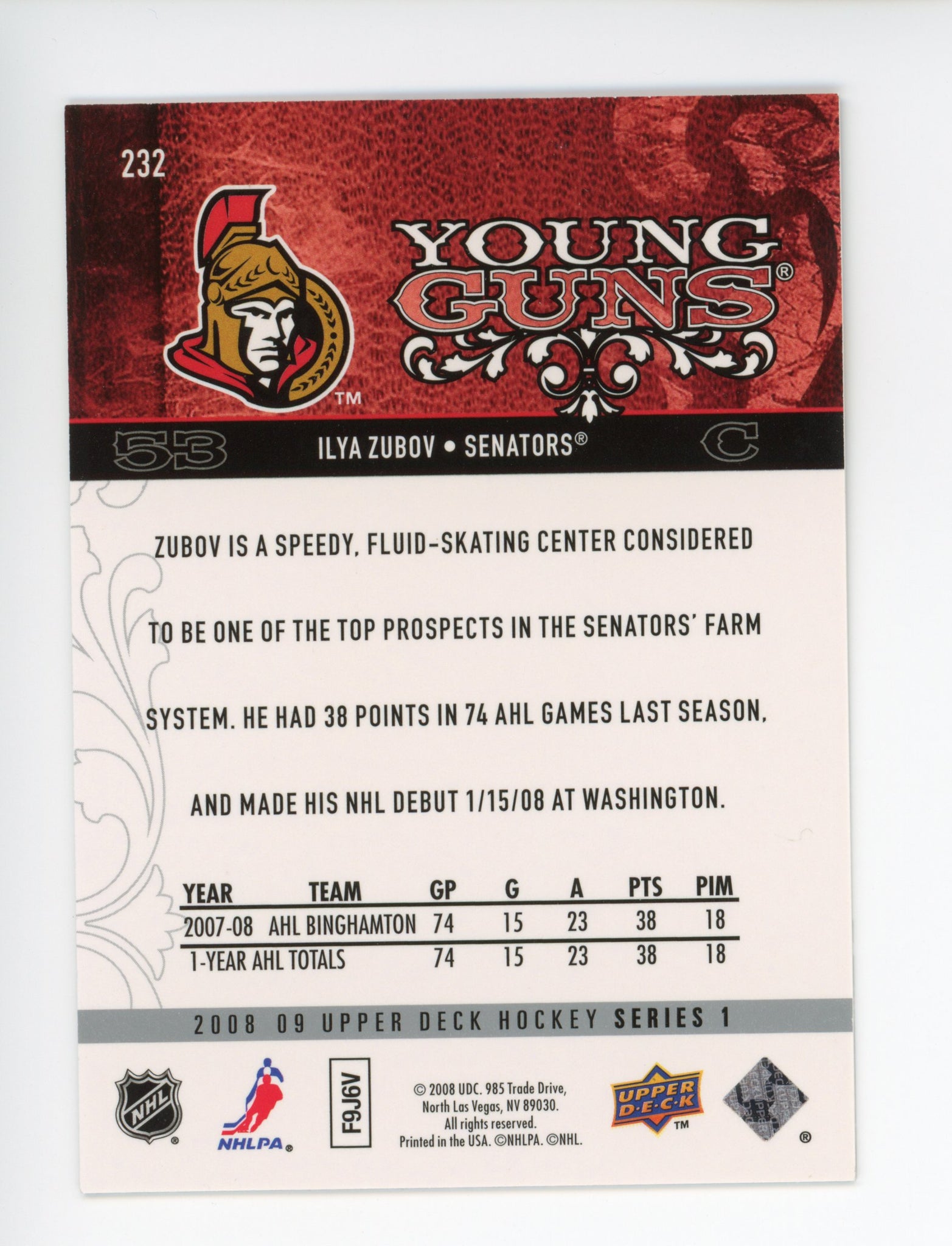 2008-2009 Ilya Zubov Young Guns Upper Deck Ottawa Senators # 232