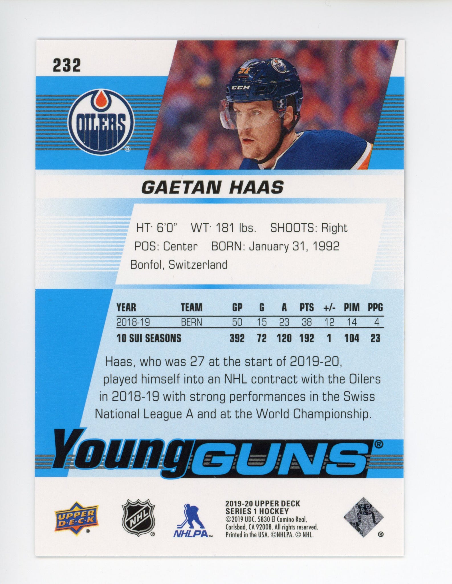 2019-2020 Gaetan Haas Young Guns Upper Deck Edmonton Oilers # 232