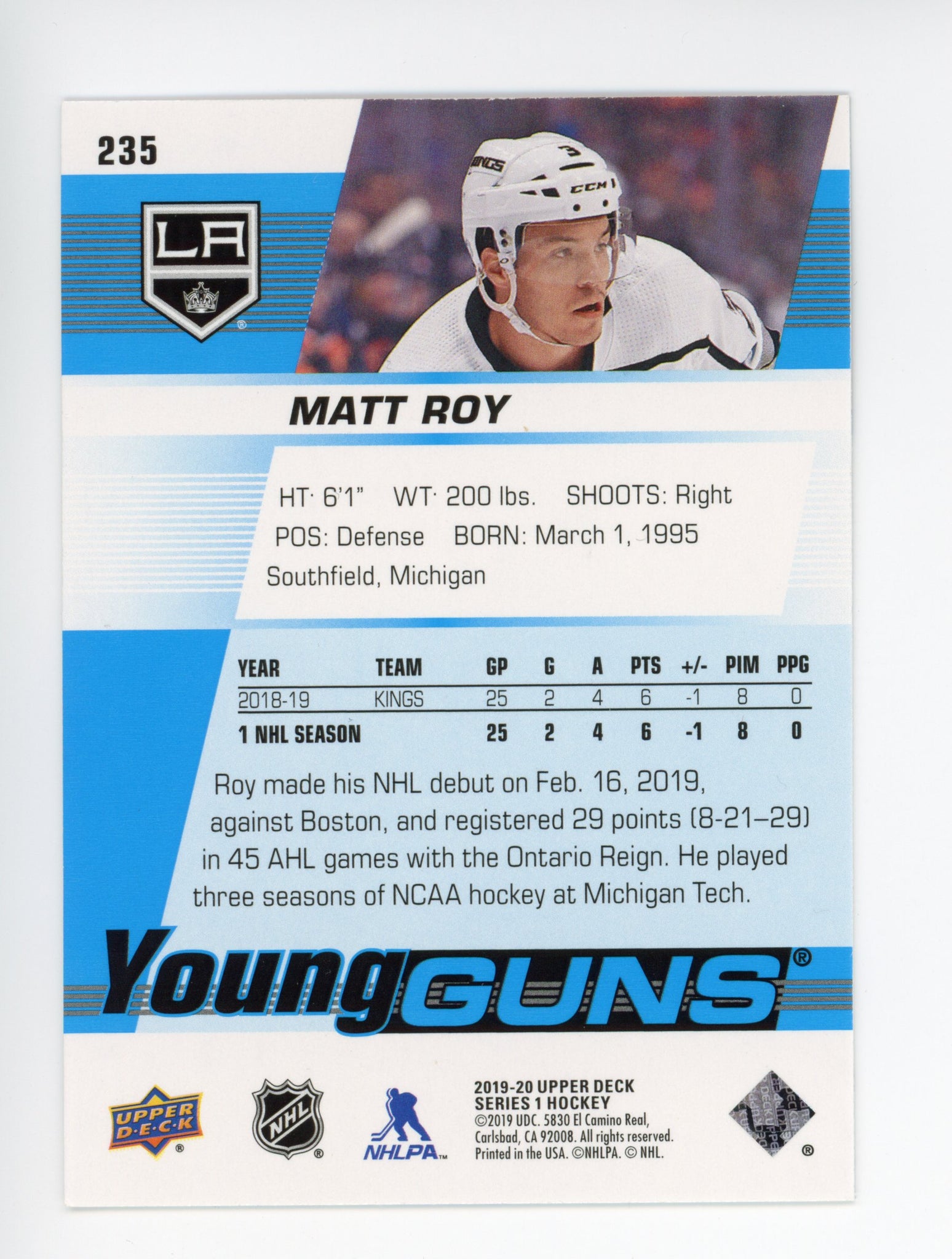 2019-2020 Matt Roy Young Guns Upper Deck Los Angeles Kings # 235