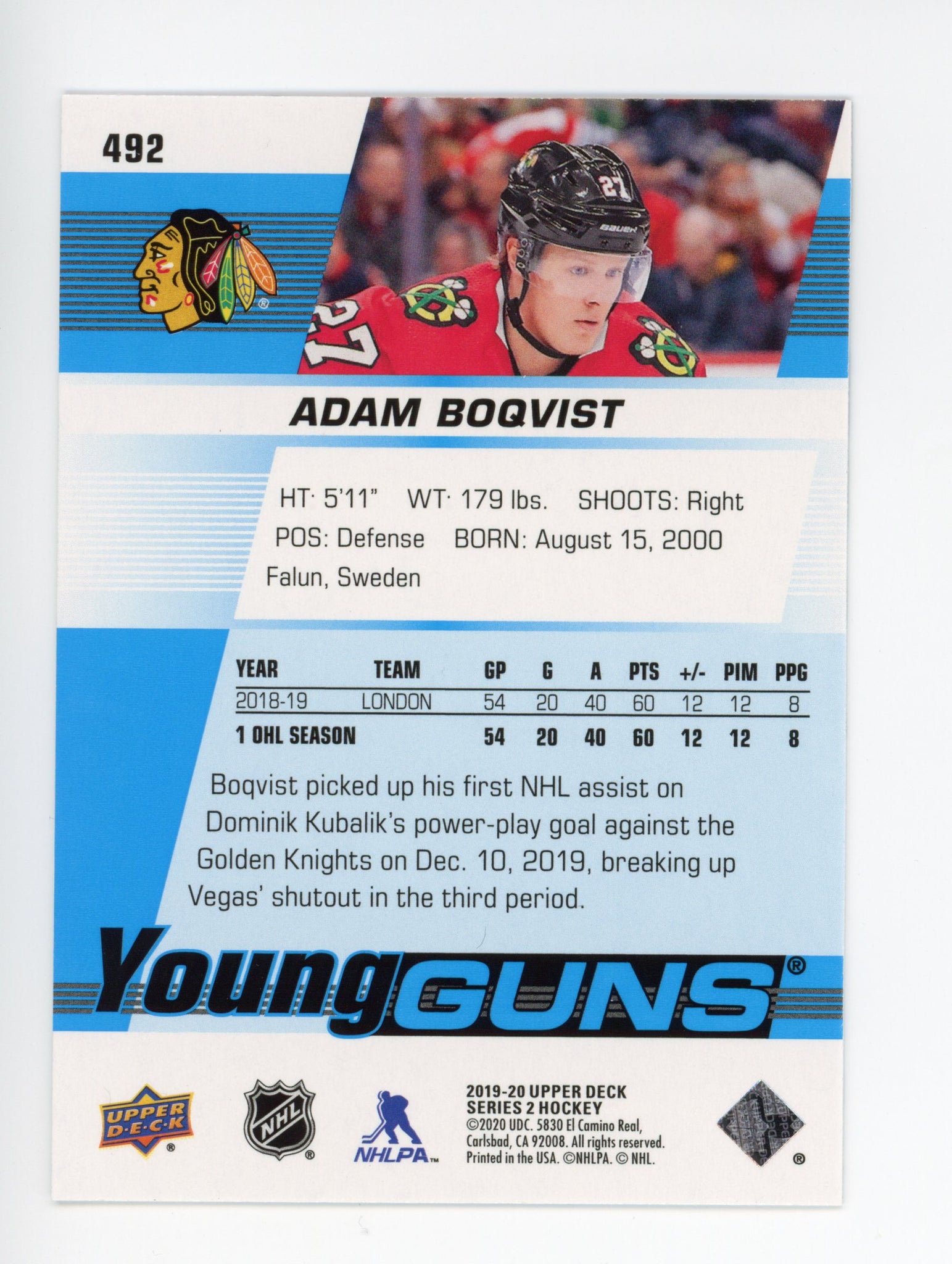 2019-2020 Adam Boqvist Young Guns Upper Deck Chicago Blackhawks # 492