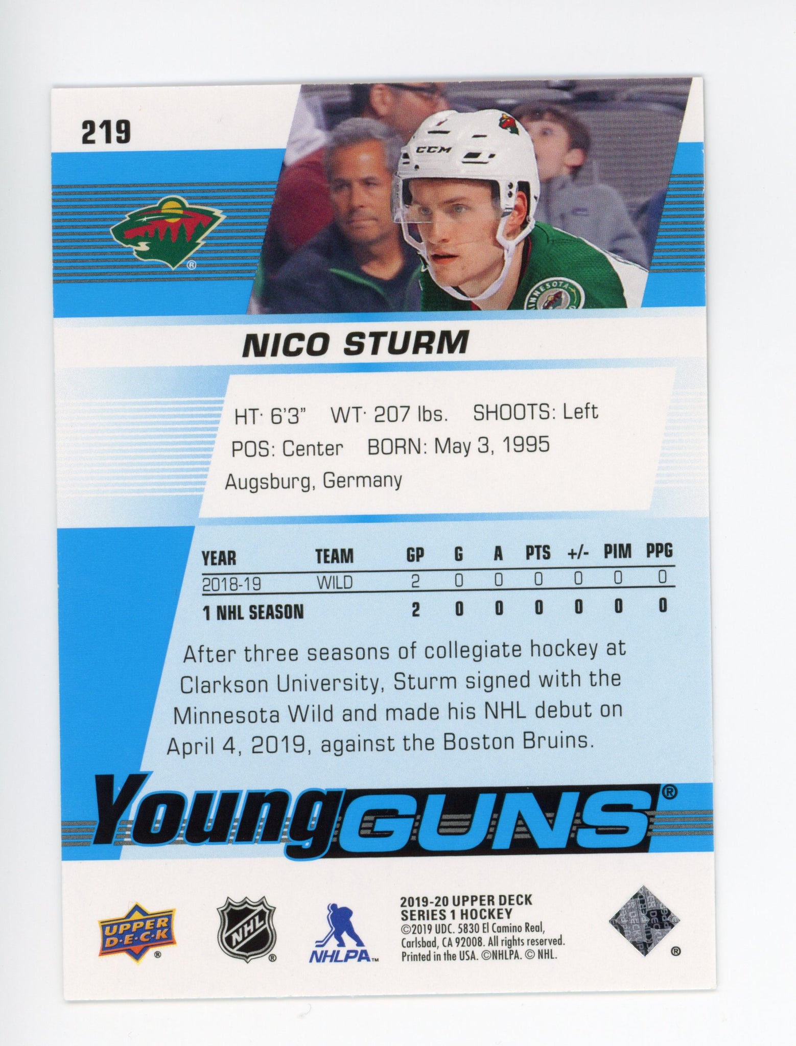 2019-2020 Nico Sturm Young Guns Upper Deck Minnesota Wild # 219