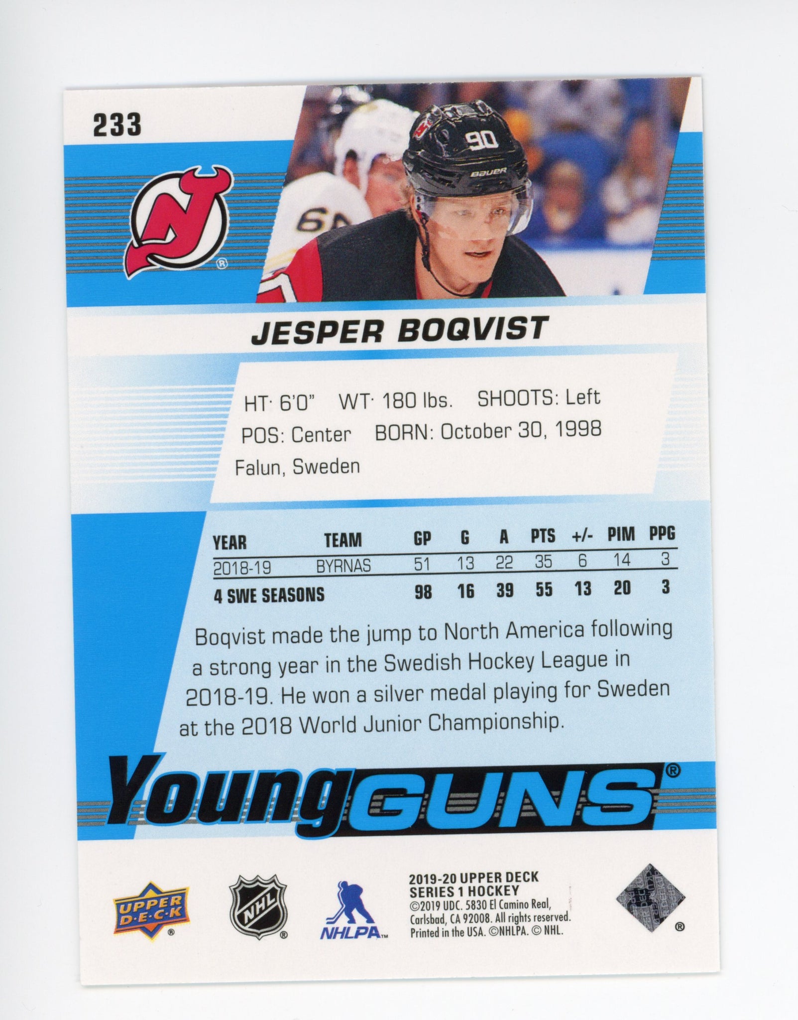 2019-2020 Jesper Boqvist Young Guns Upper Deck New Jersey Devils # 233