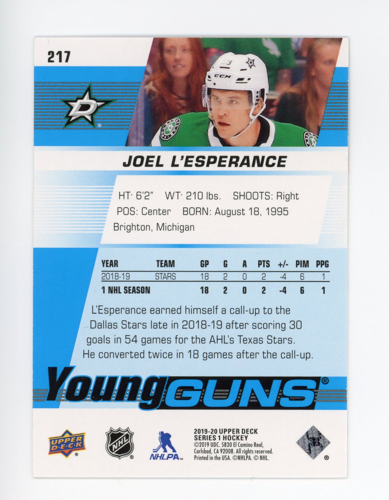 2019-2020 Joel L'Esperance Young Guns Upper Deck Dallas Stars # 217