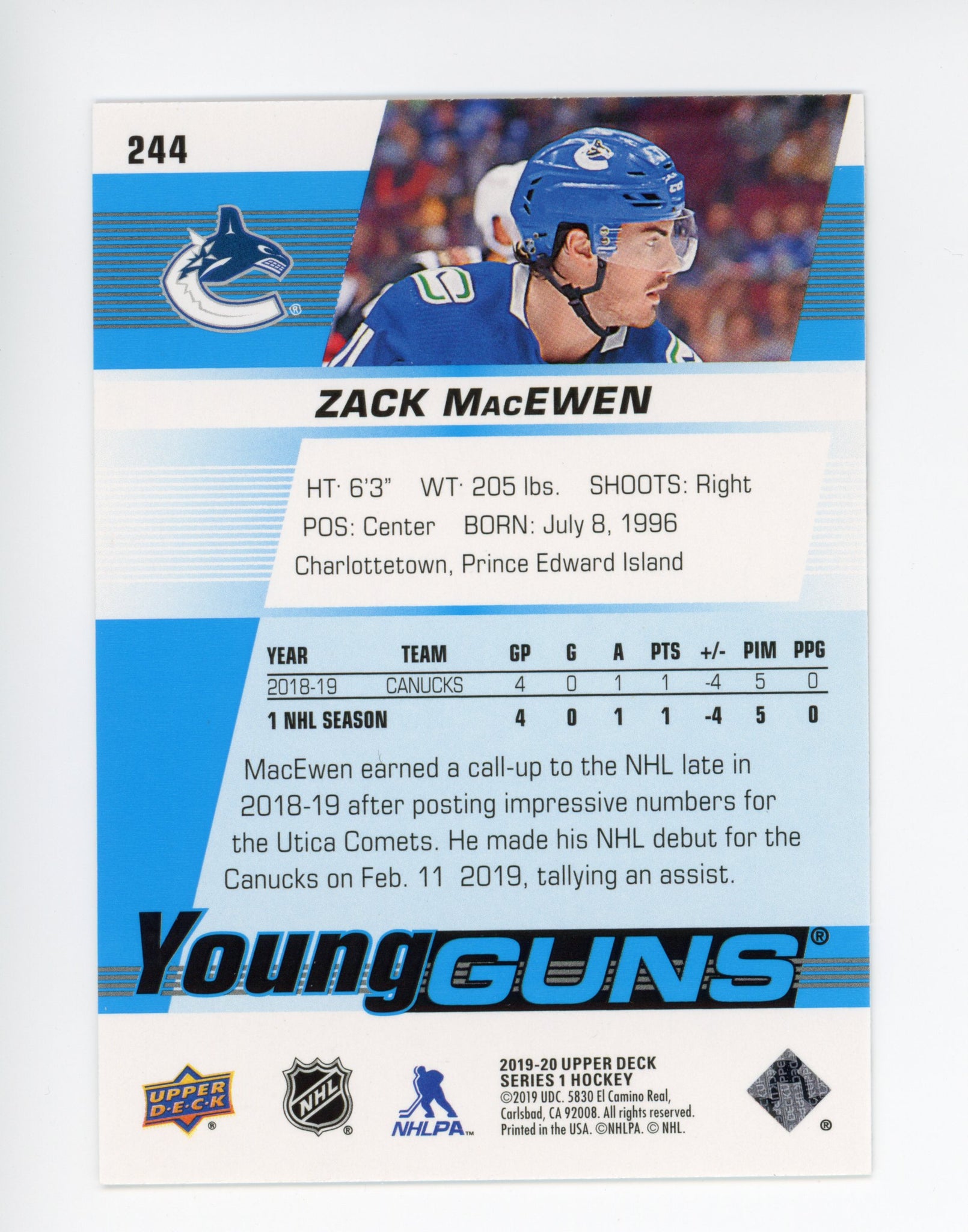 2019-2020 Zack Macewen Young Guns Upper Deck Vancouver Canucks # 244
