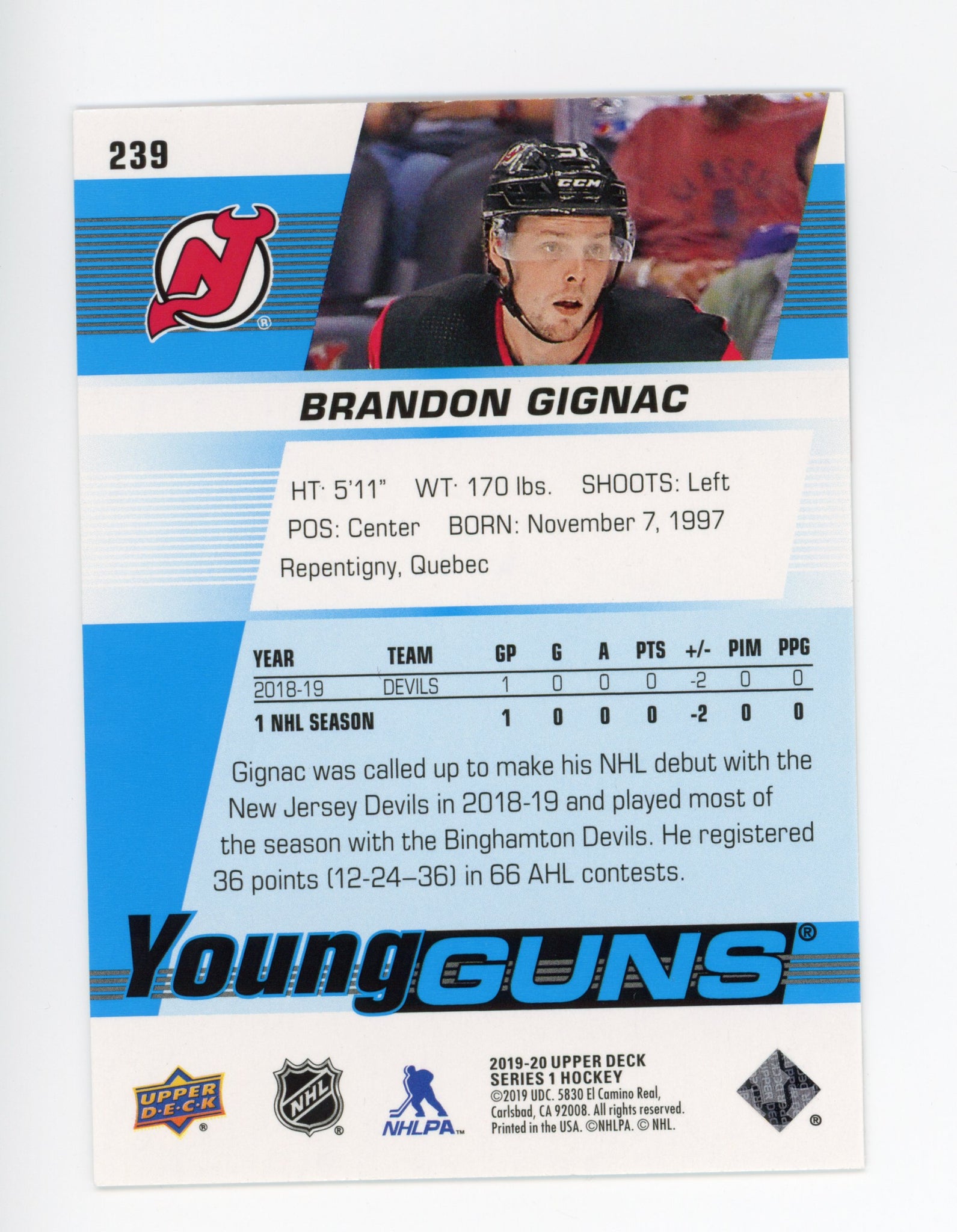 2019-2020 Brandon Gignac Young Guns Upper Deck New Jersey Devils # 239