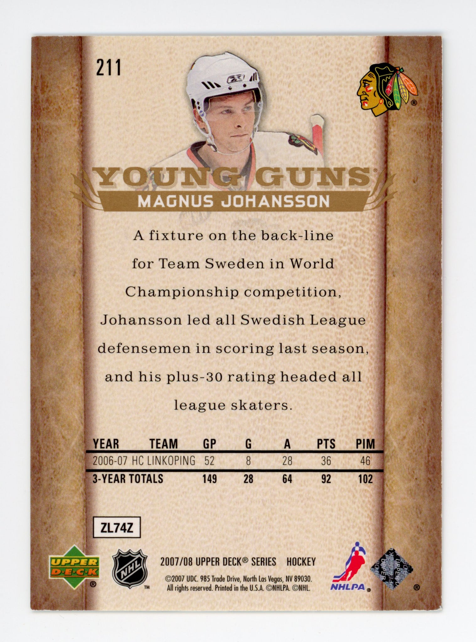 2007-2008 Magnus Johansson Young Guns Upper Deck Chicago Blackhawks #211