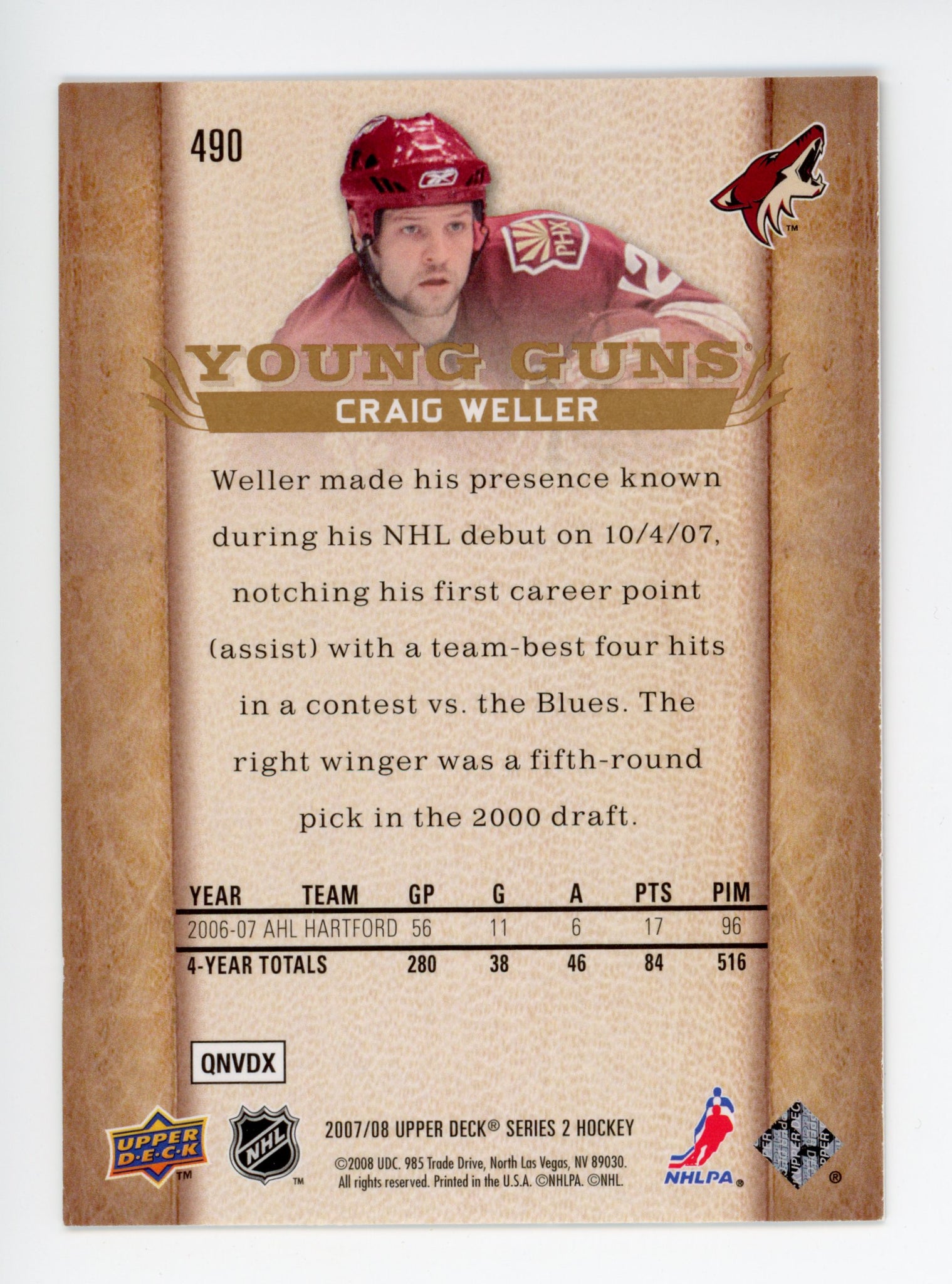 2007-2008 Craig Weller Young Guns Upper Deck Arizona Coyotes #490