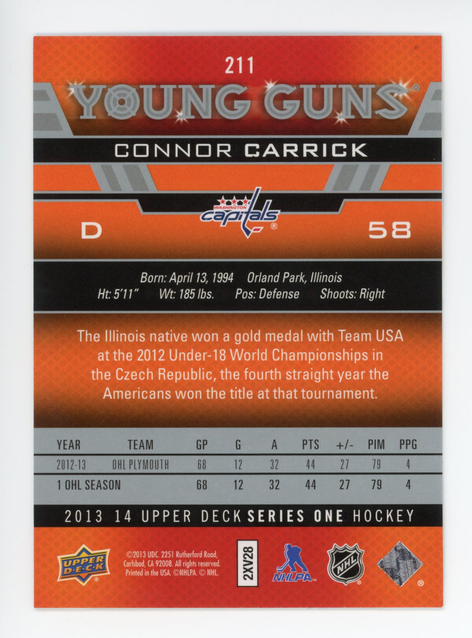 2013-2014 Connor Carrick Young Guns Upper Deck Washington Capitals #211