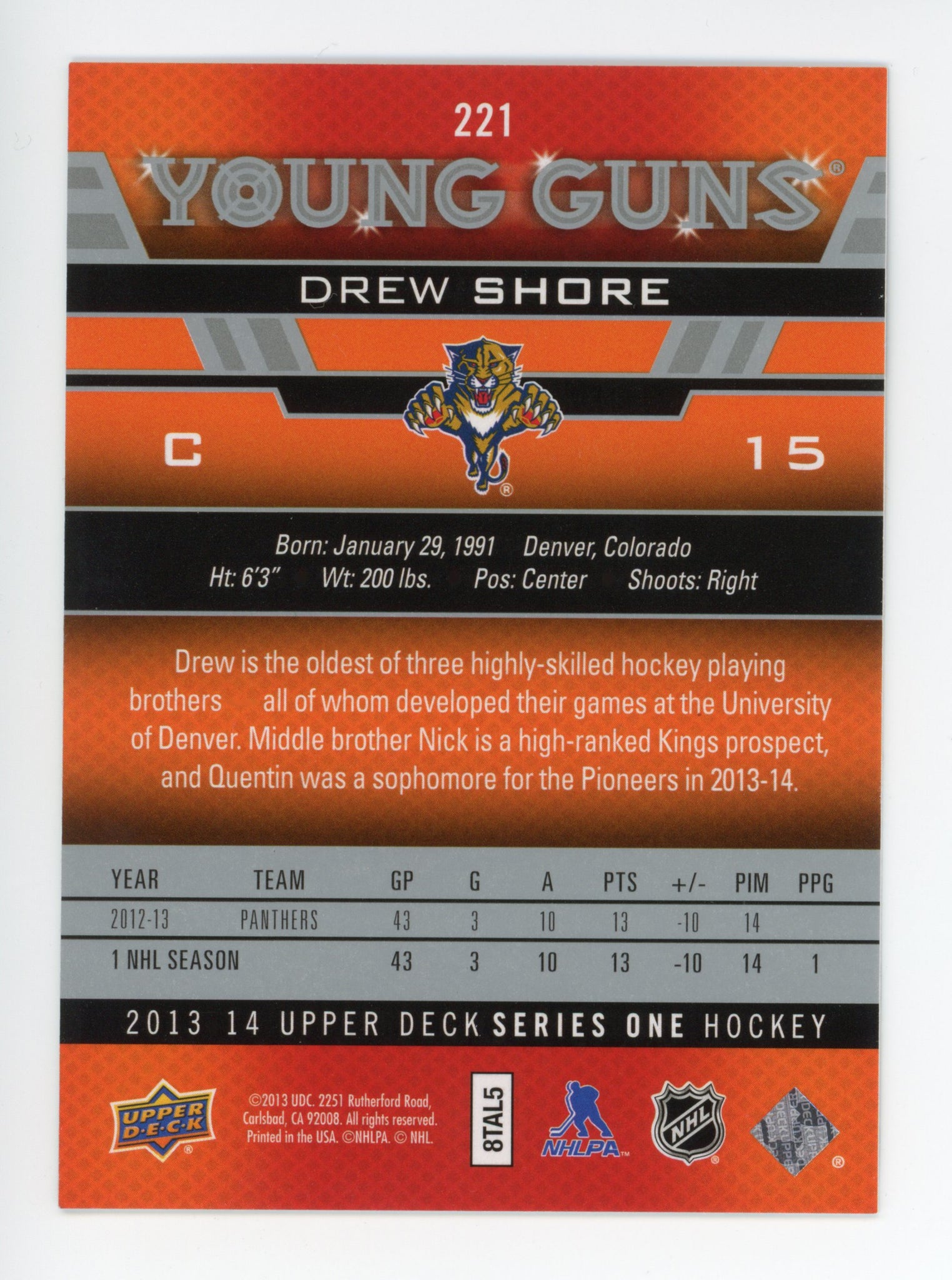 2013-2014 Drew Shore Young Guns Upper Deck Florida Panthers # 221