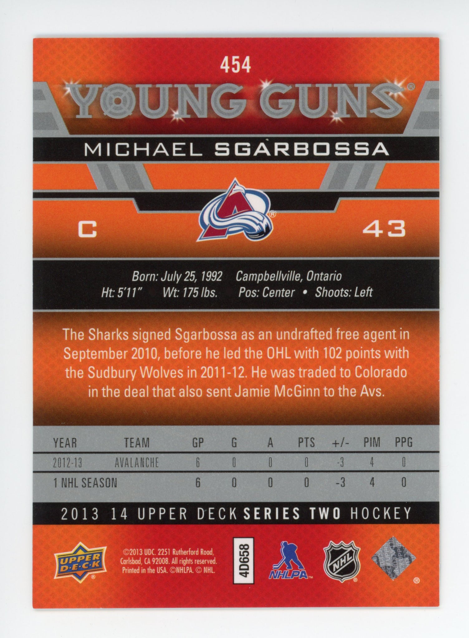 2013-2014 Michael Sgarbossa Young Guns Upper Deck Colorado Avalanche #454