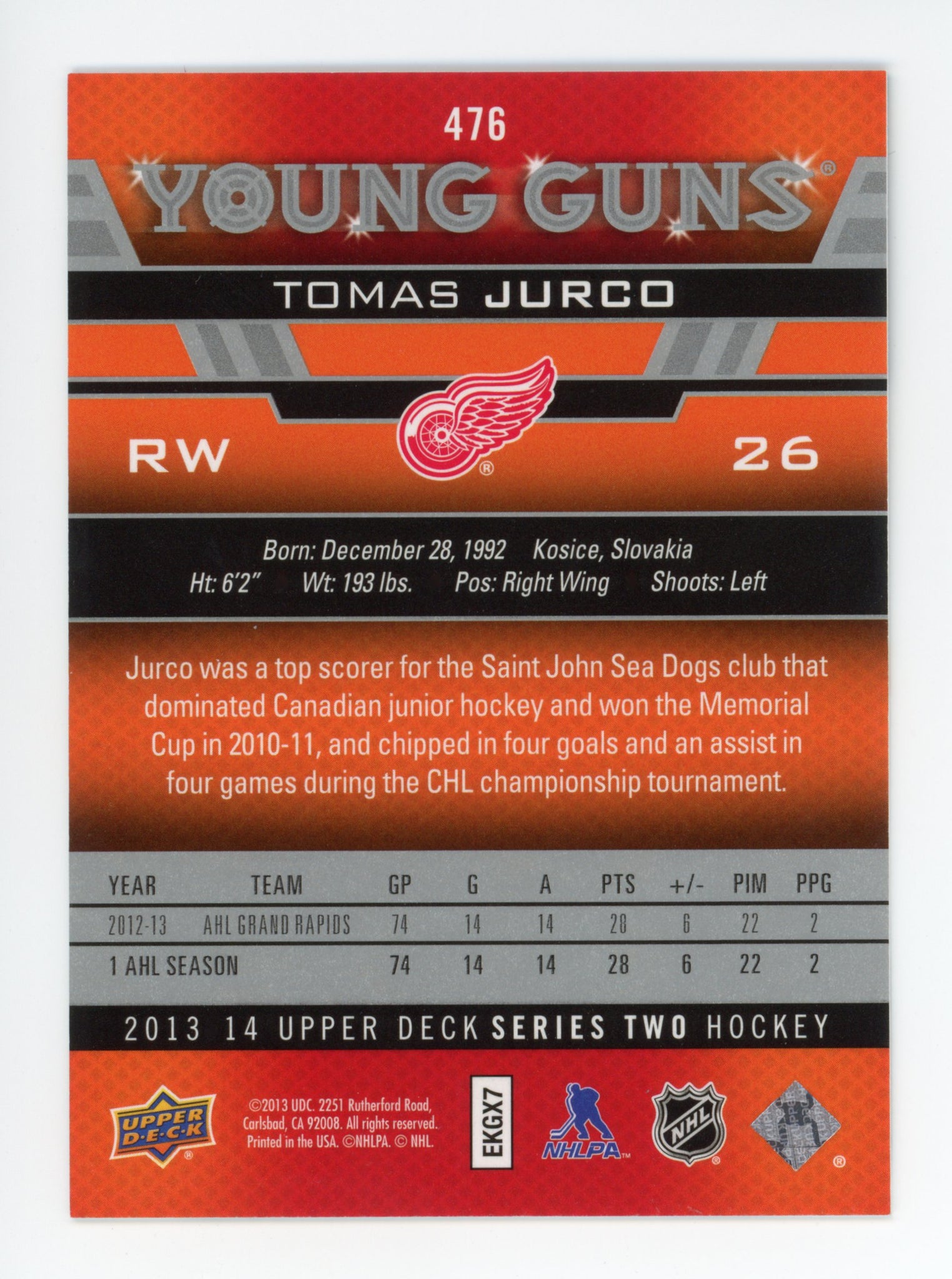 2013-2014 Tomas Jurco Young Guns Upper Deck Detroit Red Wings # 476