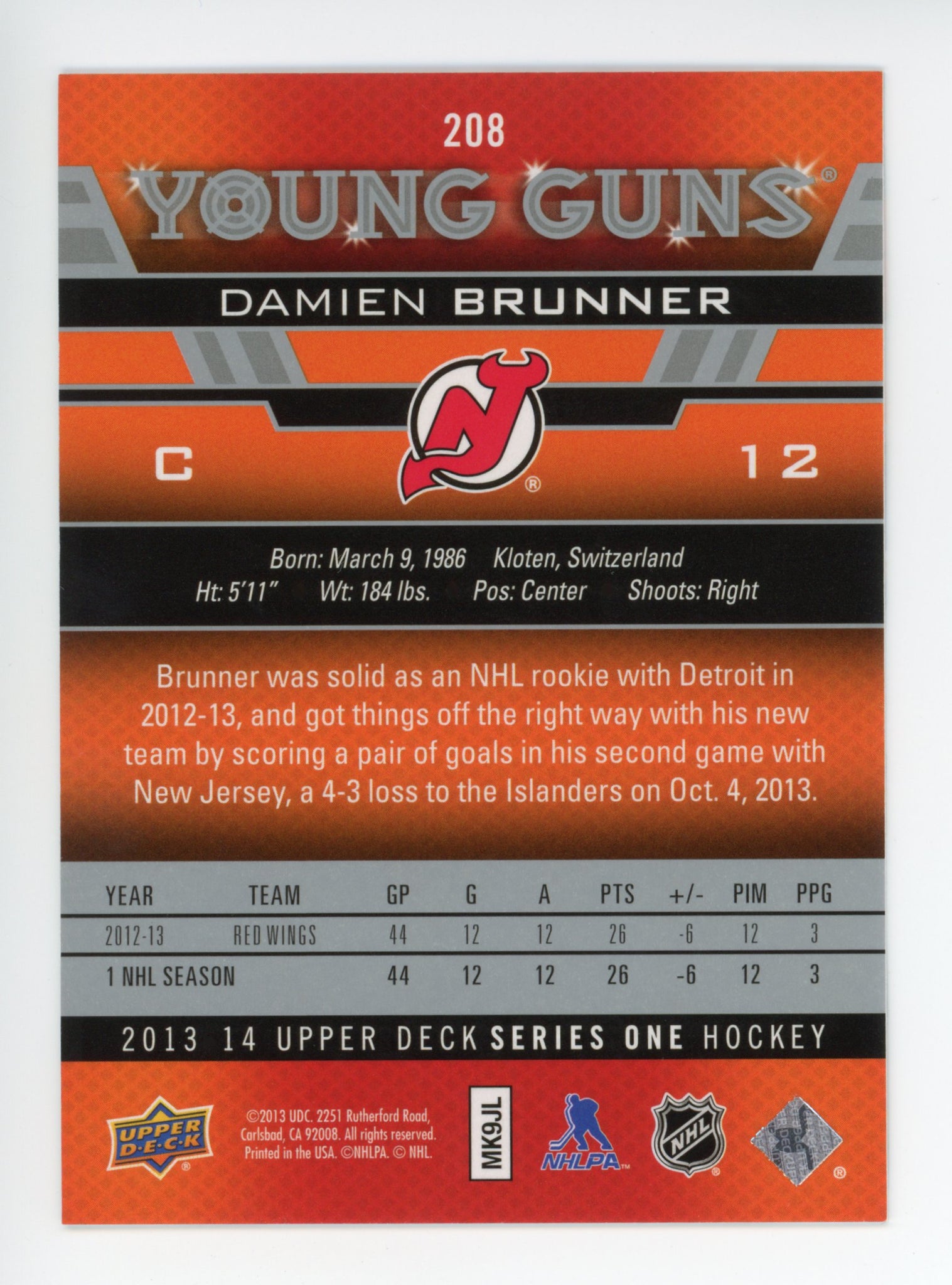 2013-2014 Damien Brunner Young Guns Upper Deck New Jersey Devils # 208