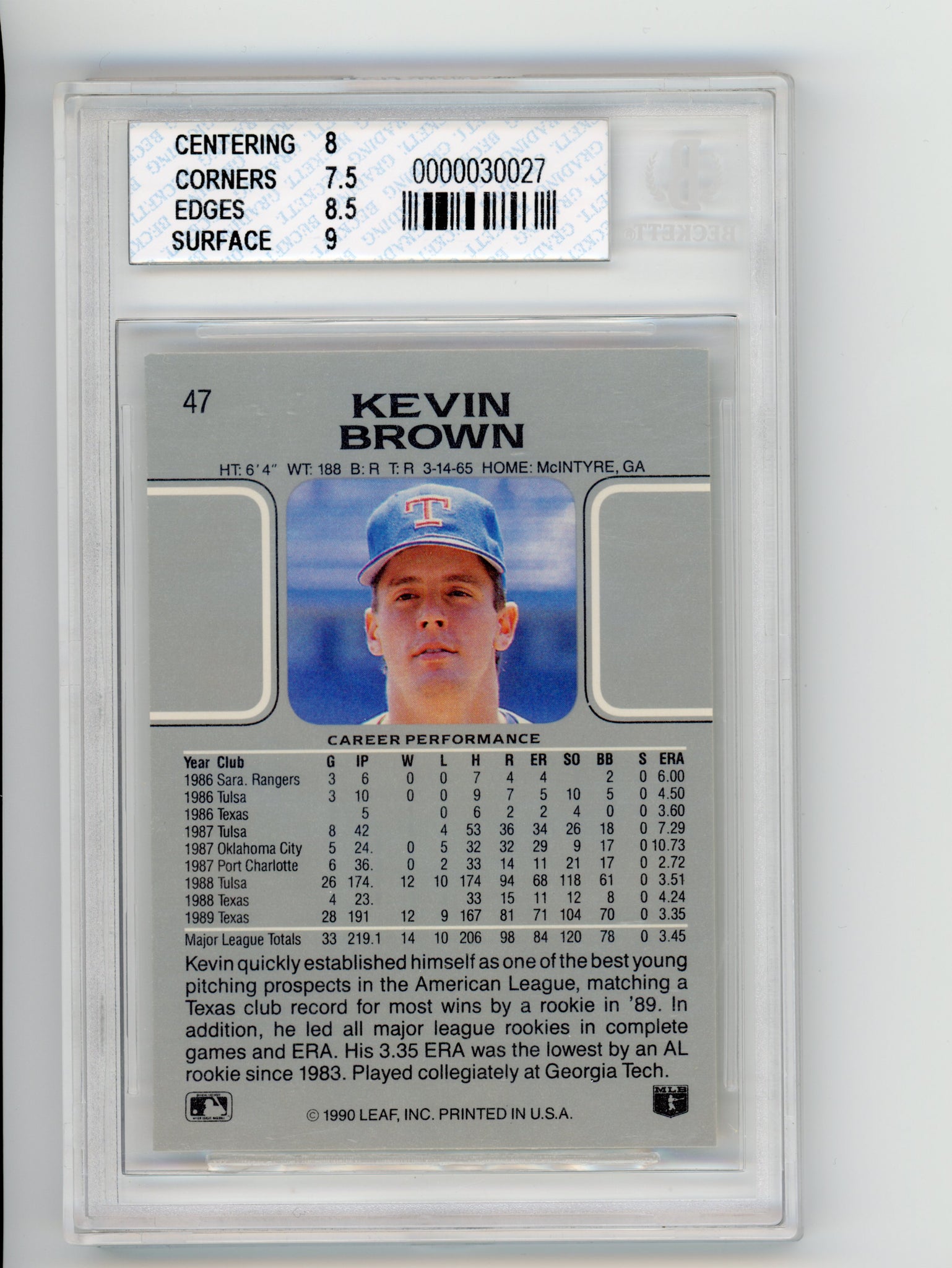 1990 Leaf Kevin Brown Texas Rangers #47 Beckett 8 NM-MT
