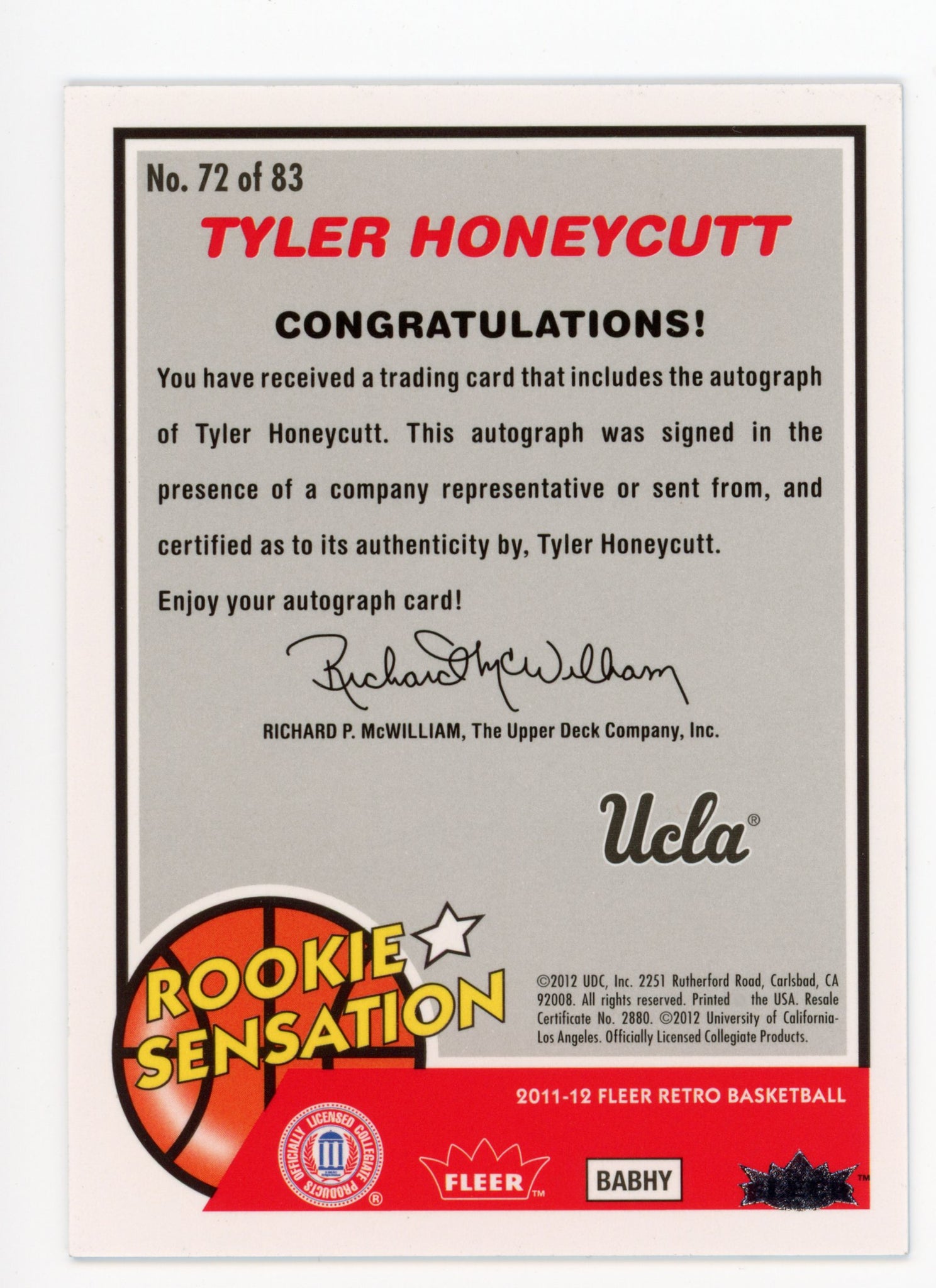 2011-2012 Rookie Sensation Tyler Honeycutt Fleer 72 Of 83 Autograph