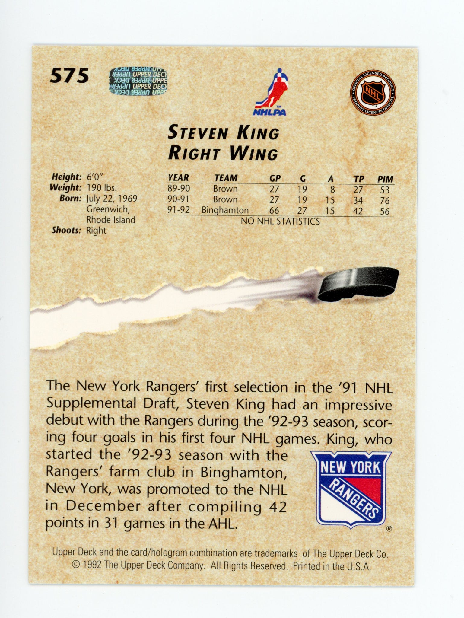 Steven King Upper Deck 1992-1993 Young Guns New York Rangers #575