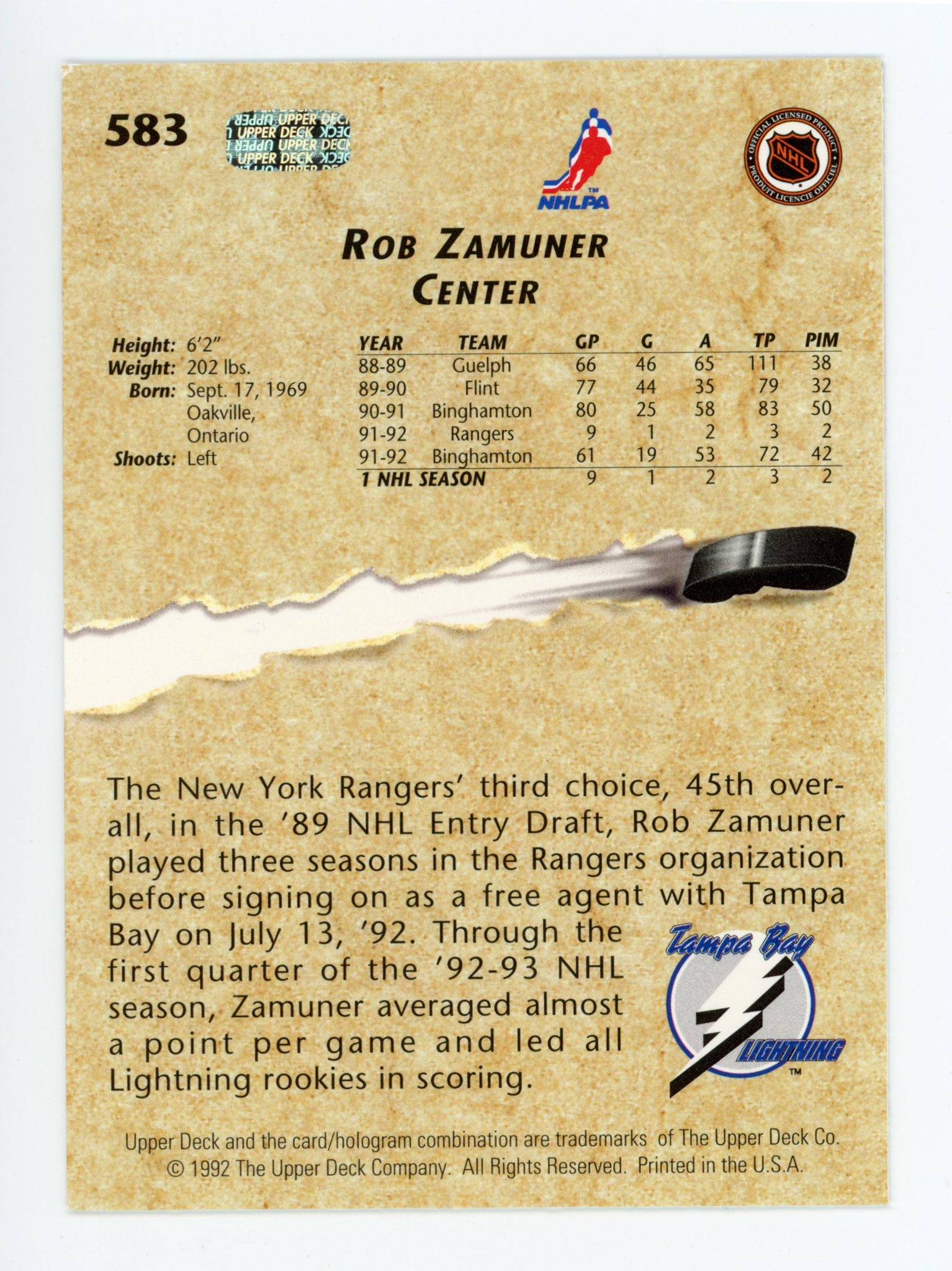 Rob Zamuner Upper Deck 1992-1993 Young Guns Tampa Bay Lightning #576