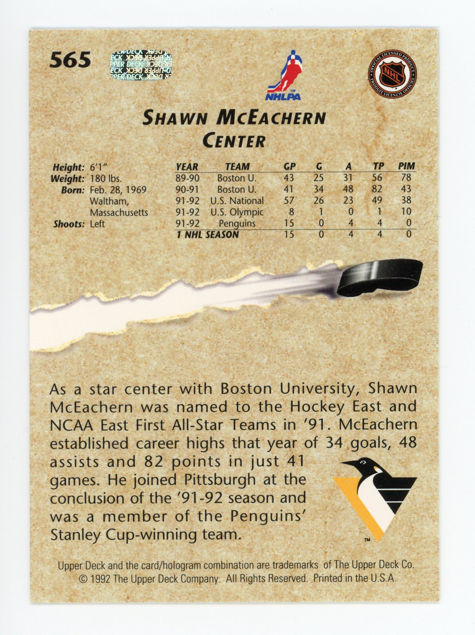 Shawn McEachern Upper Deck 1992-1993 Young Guns Pittsburgh Penguins # 565