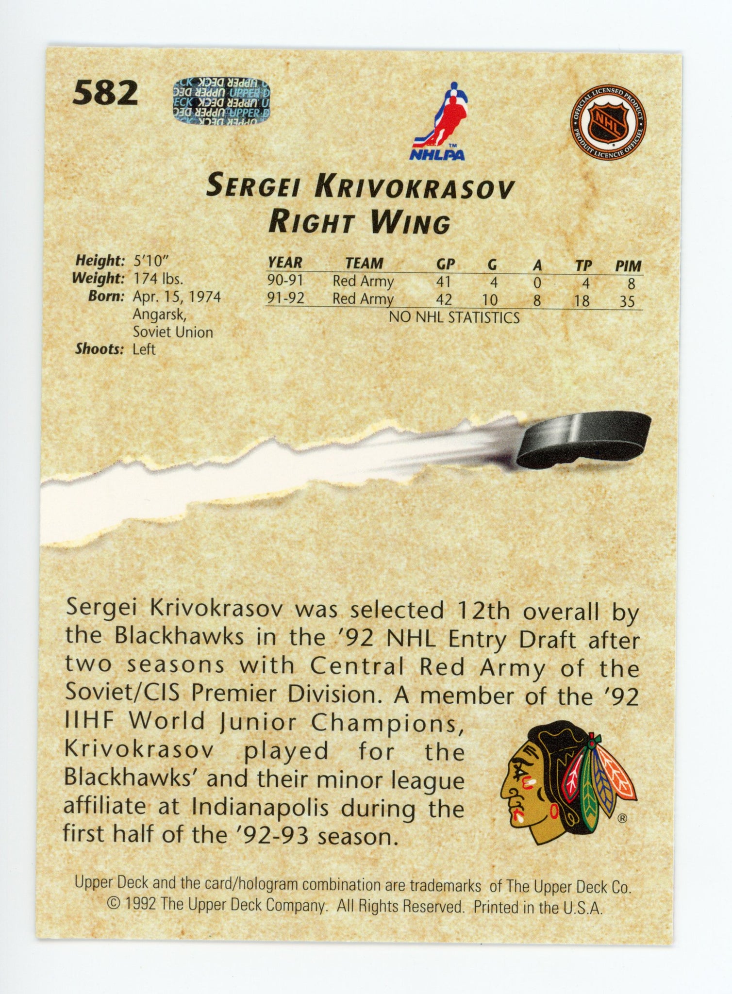 Sergei Krivokrasov Upper Deck 1992-1993 Young Guns Chicago Blackhawks #582