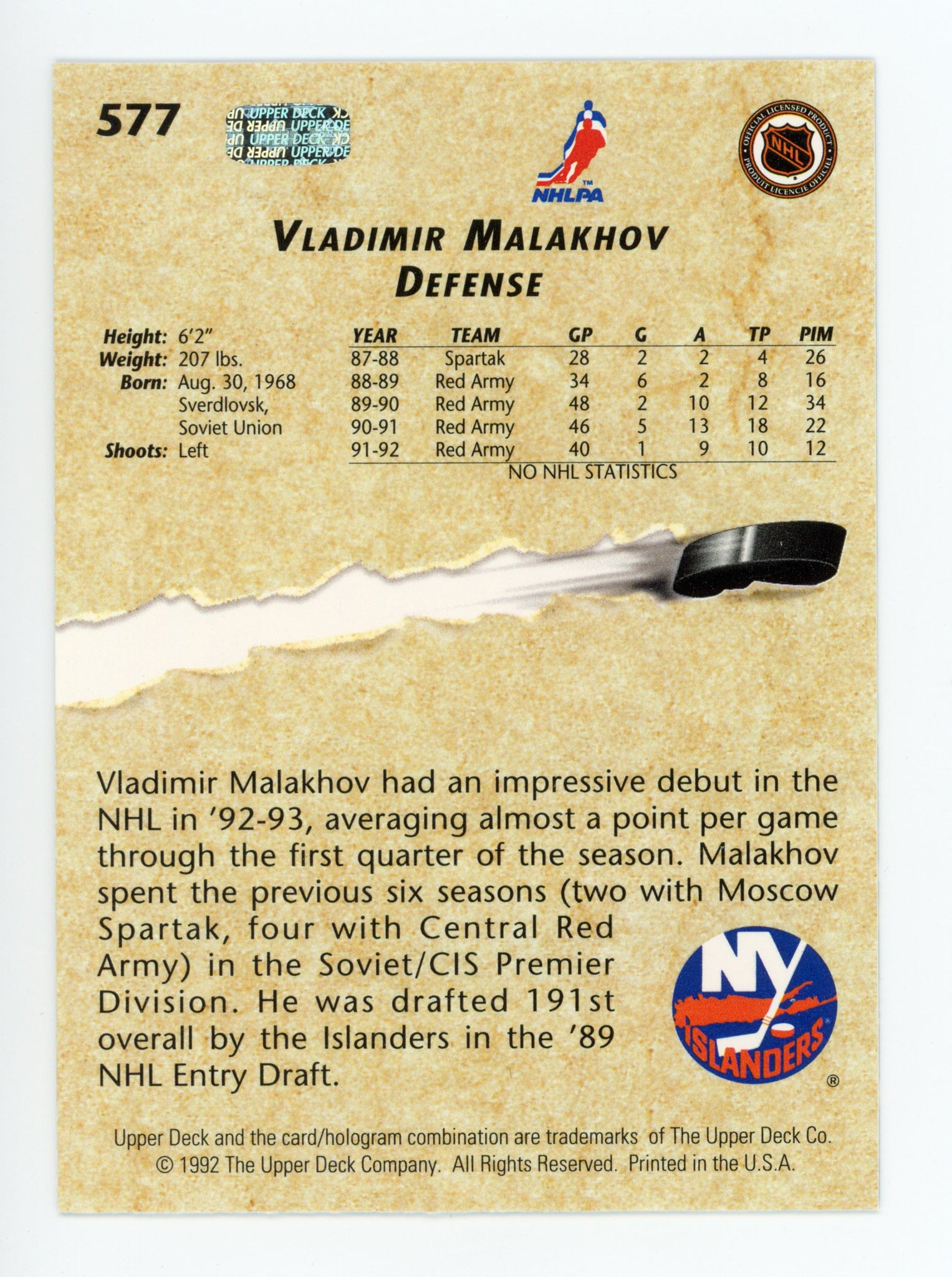 Vladimir Malakhov Upper Deck 1992-1993 Young Guns New York Islanders # 577
