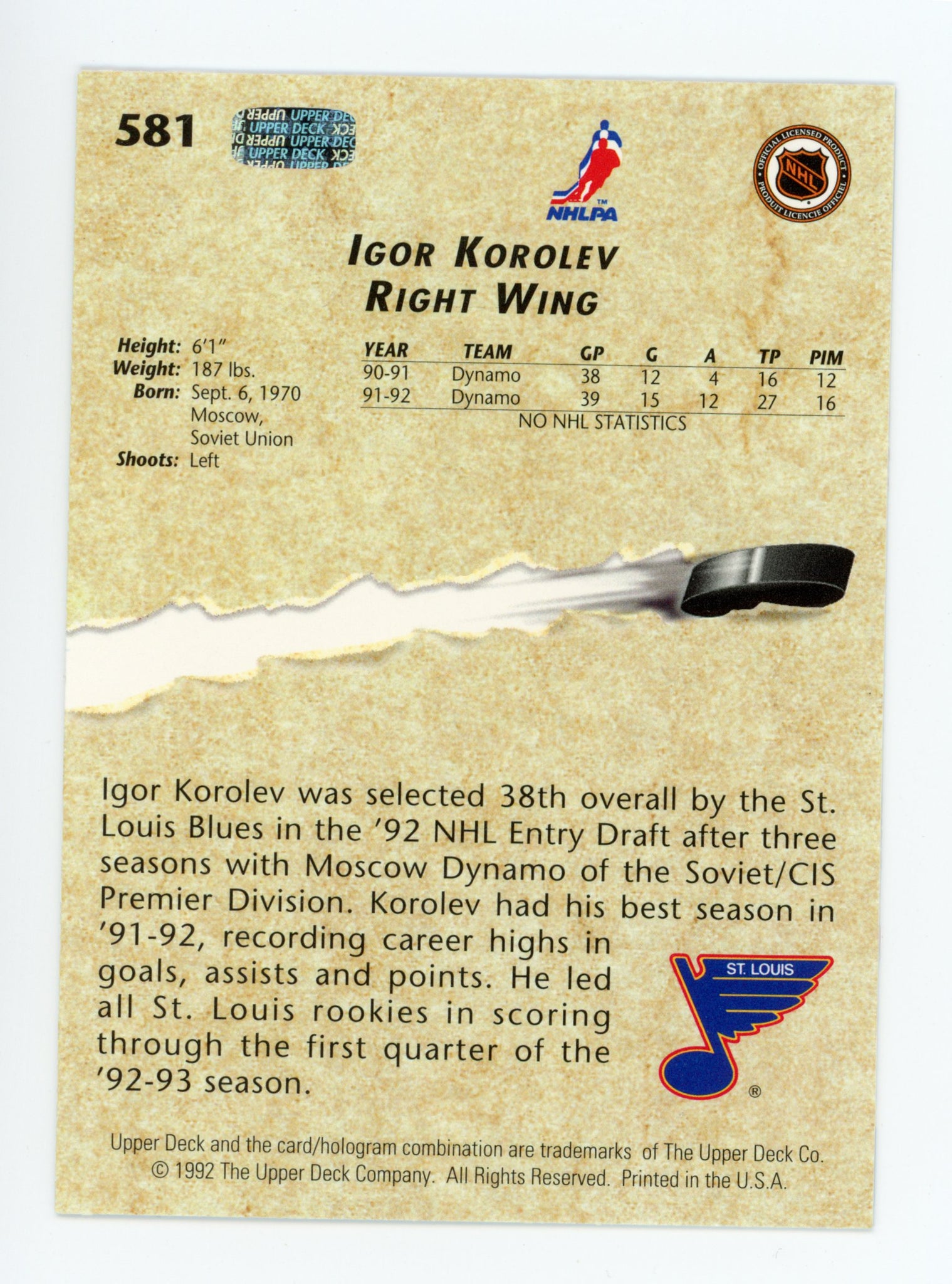 Igor Korolev Upper Deck 1992-1993 Young Guns St.Louis Blues # 581