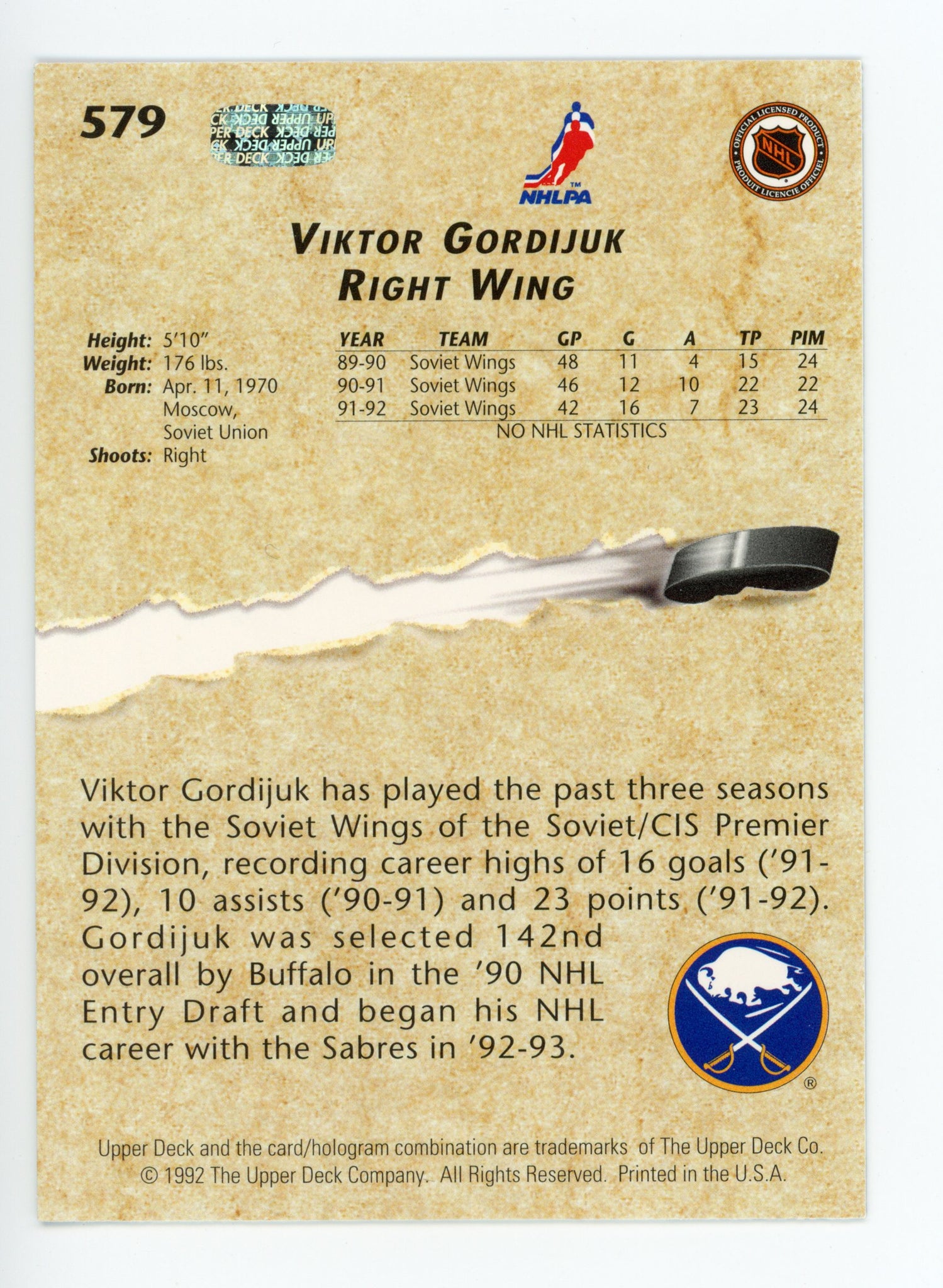 Viktor Gordijuk Upper Deck 1992-1993 Young Guns Buffalo Sabres # 579
