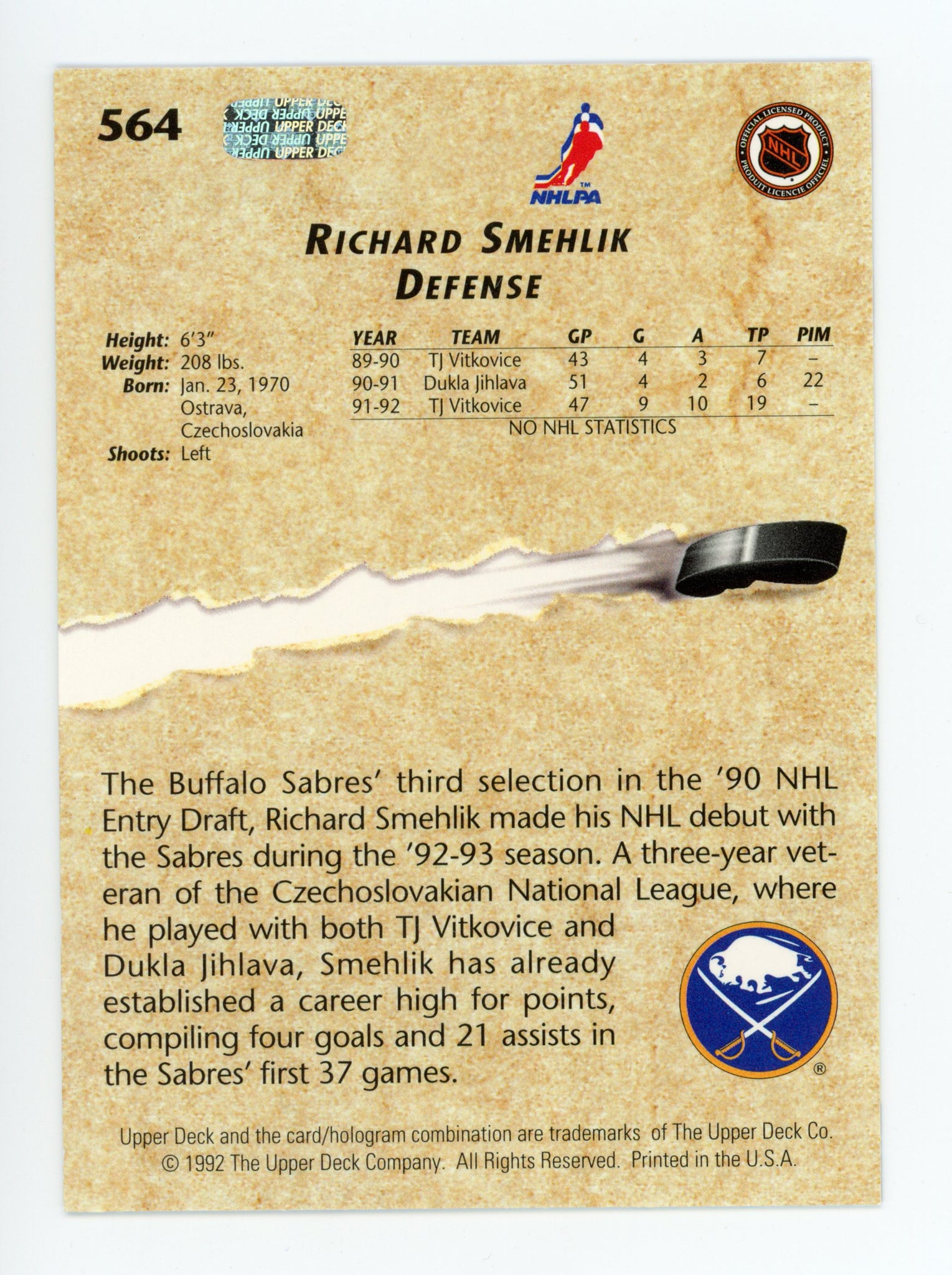 Richard Smehlik Upper Deck 1992-1993 Young Guns Buffalo Sabres # 564