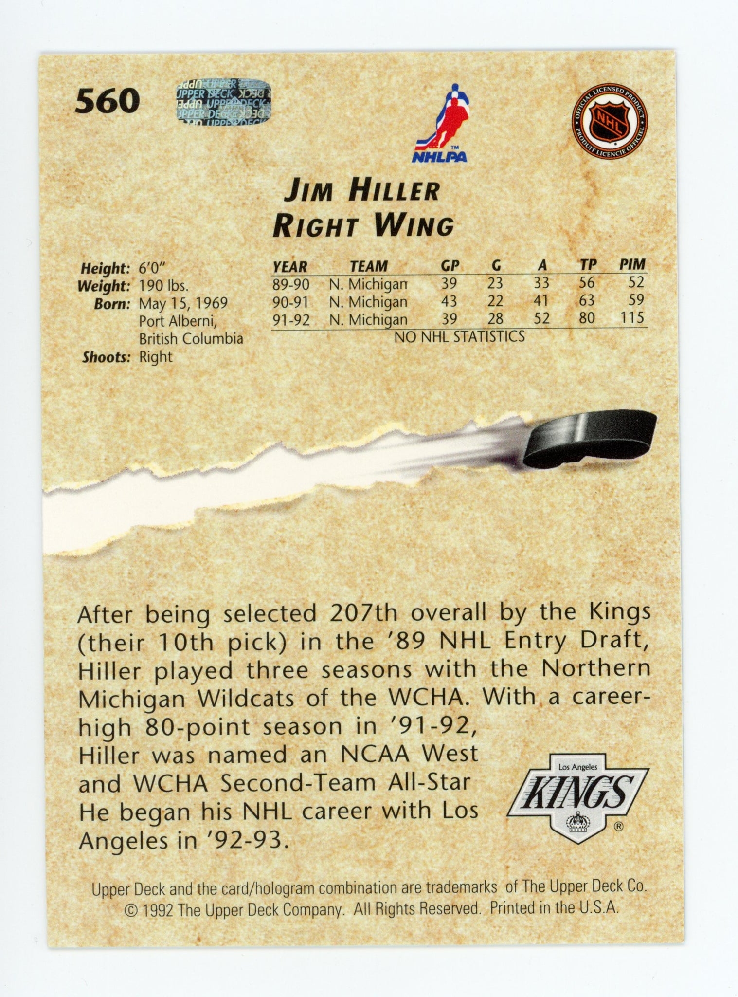 Jim Hiller Upper Deck 1992-1993 Young Guns Los Angeles Kings # 560