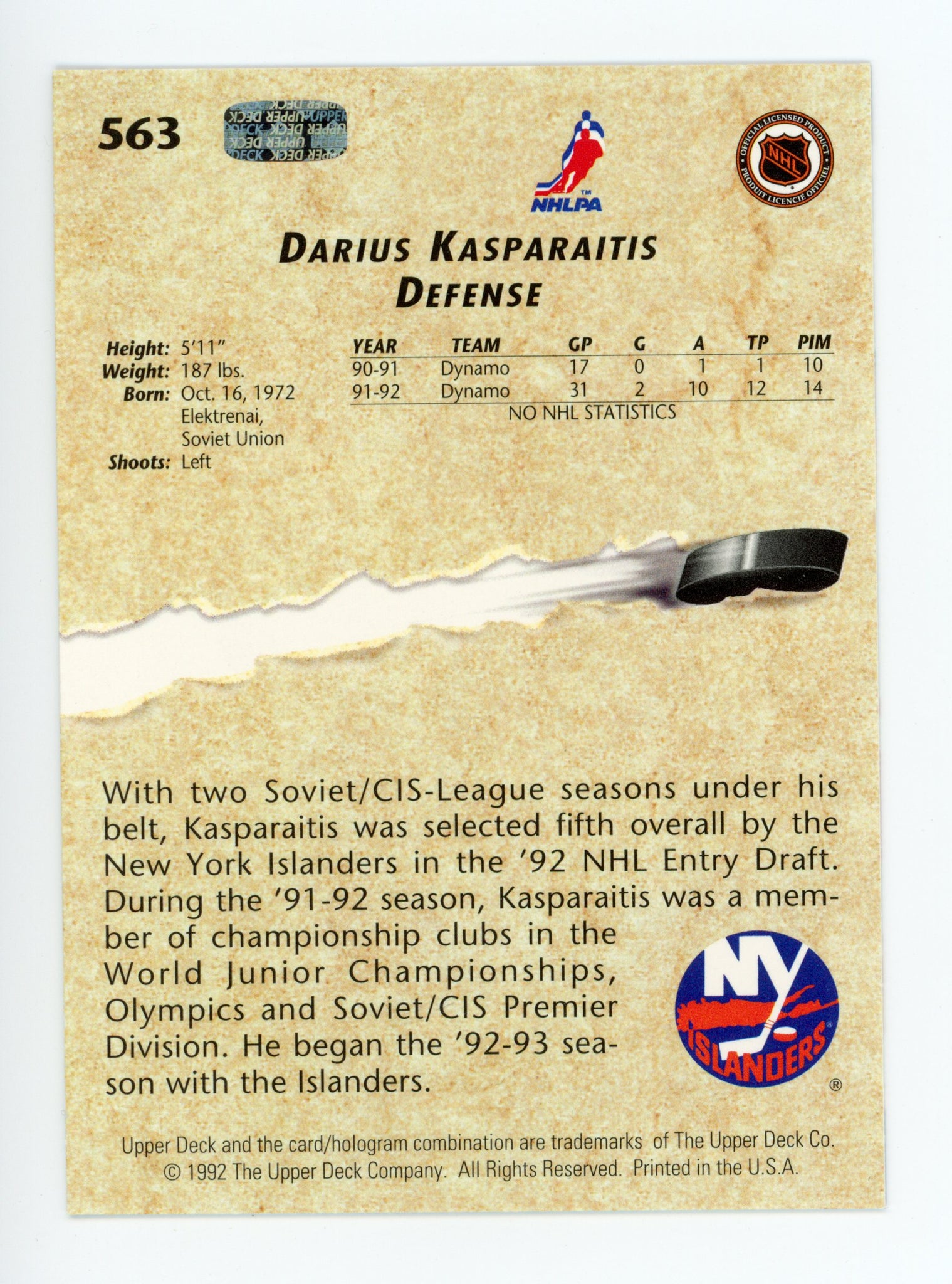 Darius Kasparaitis Upper Deck 1992-1993 Young Guns New York Islanders # 563