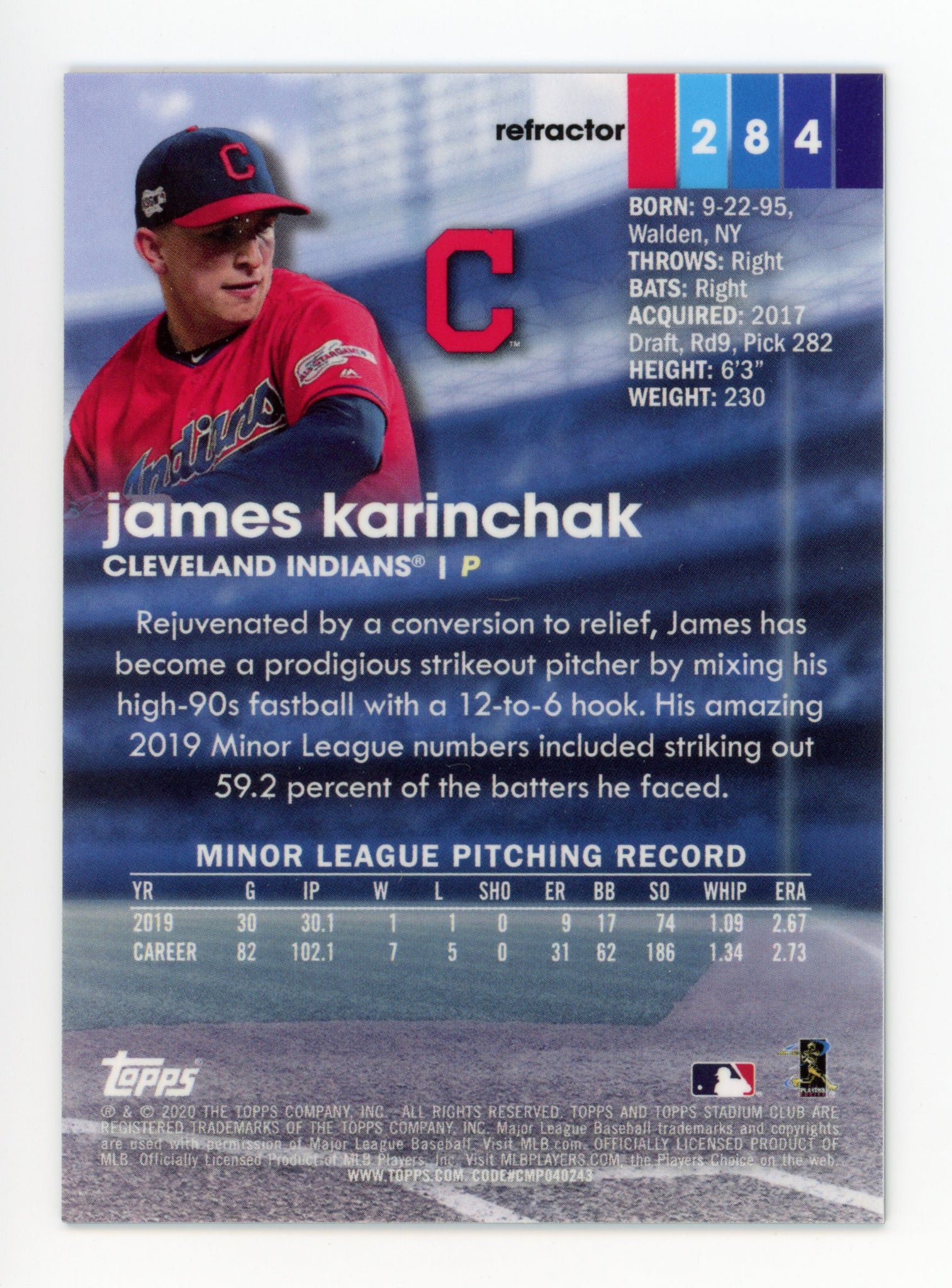 James Karinchak Topps Stadium Club 2020 Rookie Refractor Cleveland Indians # 284