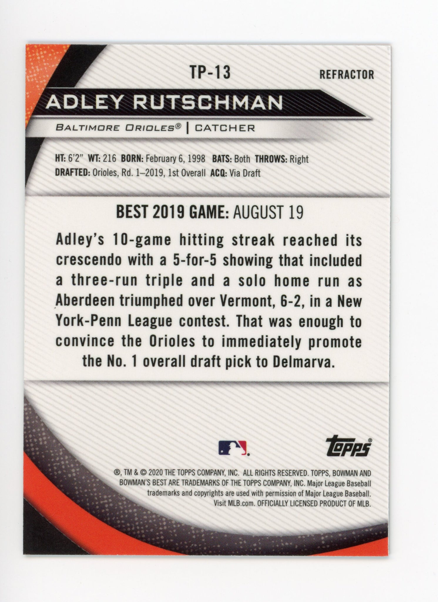 Adley Rutschman Bowmans Best 2020 Refractor Baltimore Orioles # TP-13