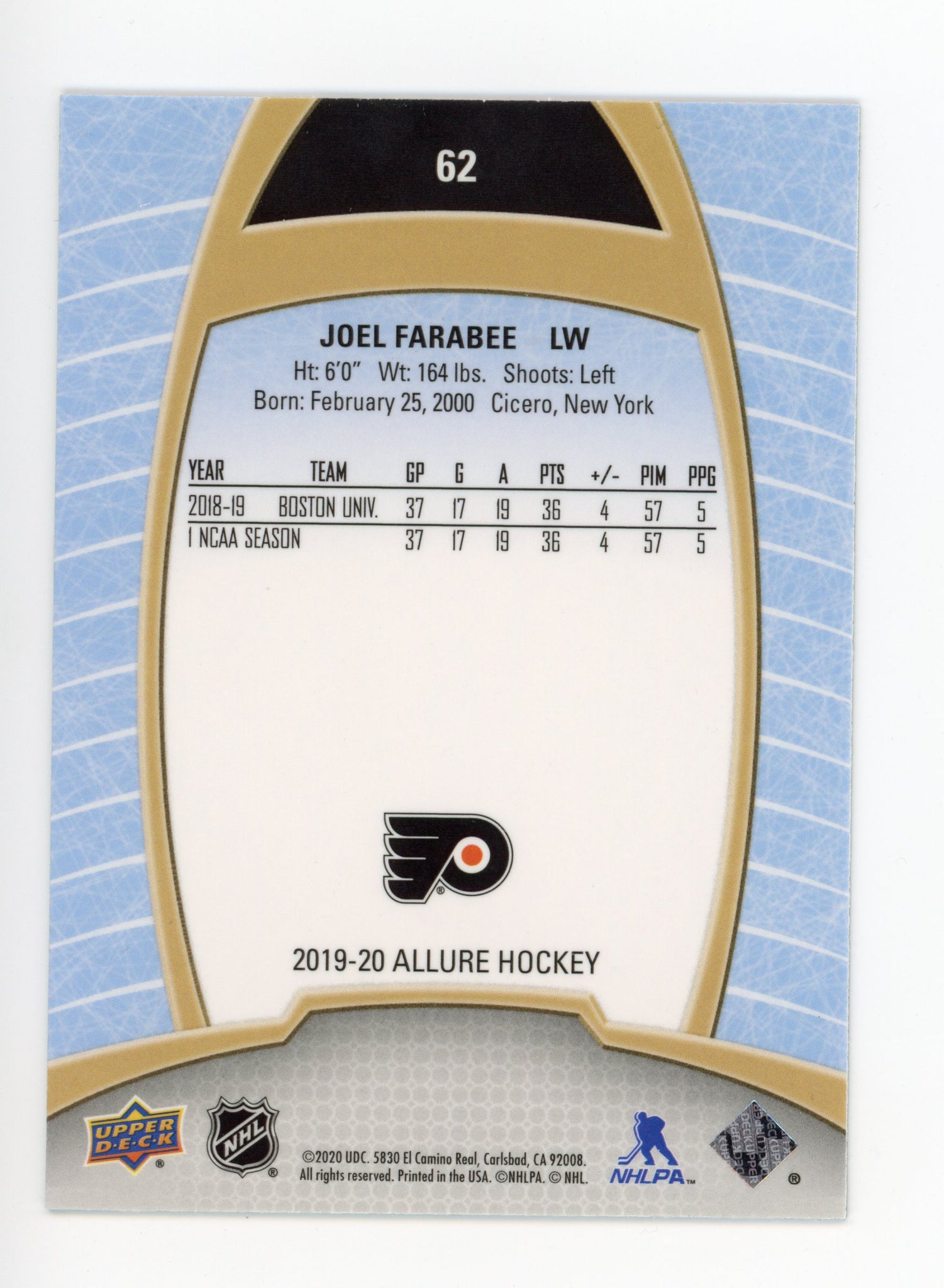 Joel Farabee Upper Deck 2019-2020 Allure Rookie Philadelphia Flyers # 62