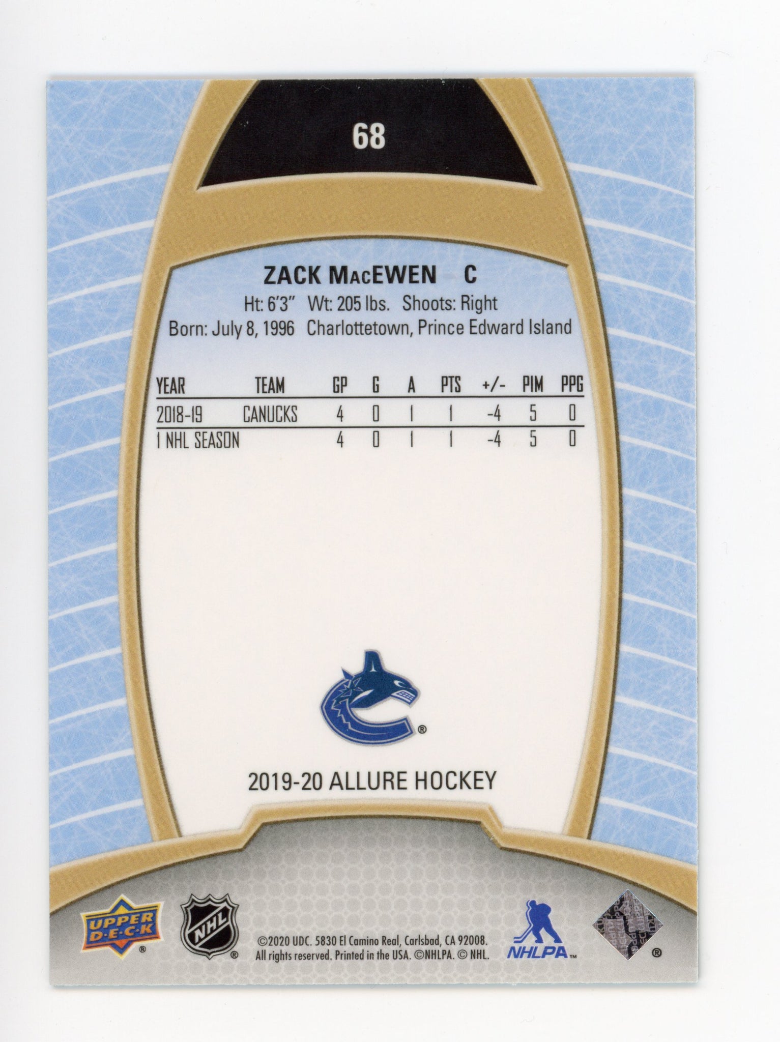 Zack Macewen Upper Deck 2019-2020 Allure Rookie Vancouver Canucks #68