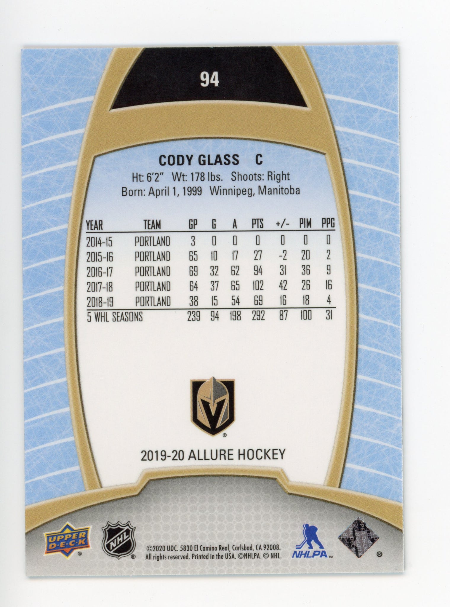 Cody Glass Upper Deck 2019-2020 Allure Rookie Las Vegas Golden Knights #94