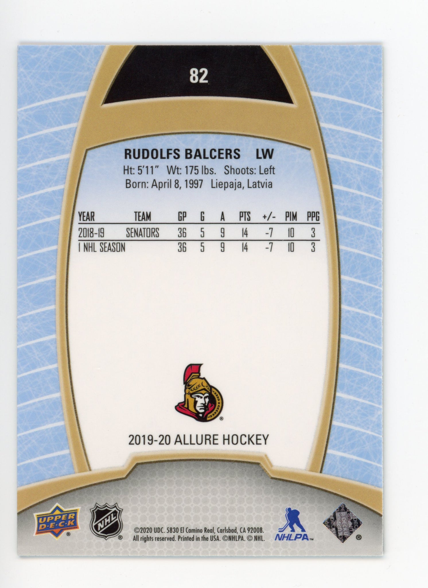 Rudolfs Balcers Upper Deck 2019-2020 Allure Rookie Ottawa Senators # 82