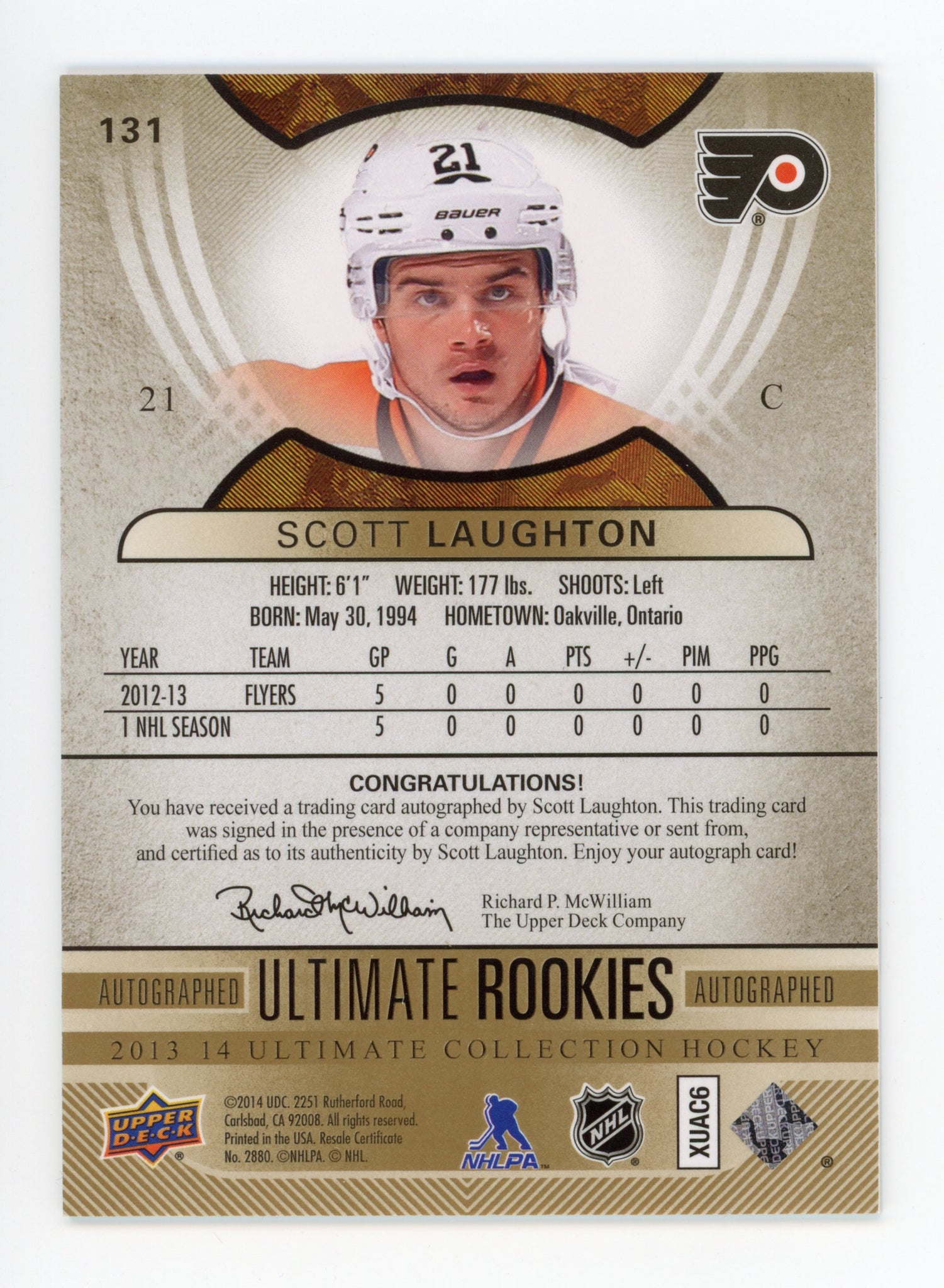 Scott Laughton Autographed Ultimate Rookies 2013-2014 Philadelphia Flyers #d