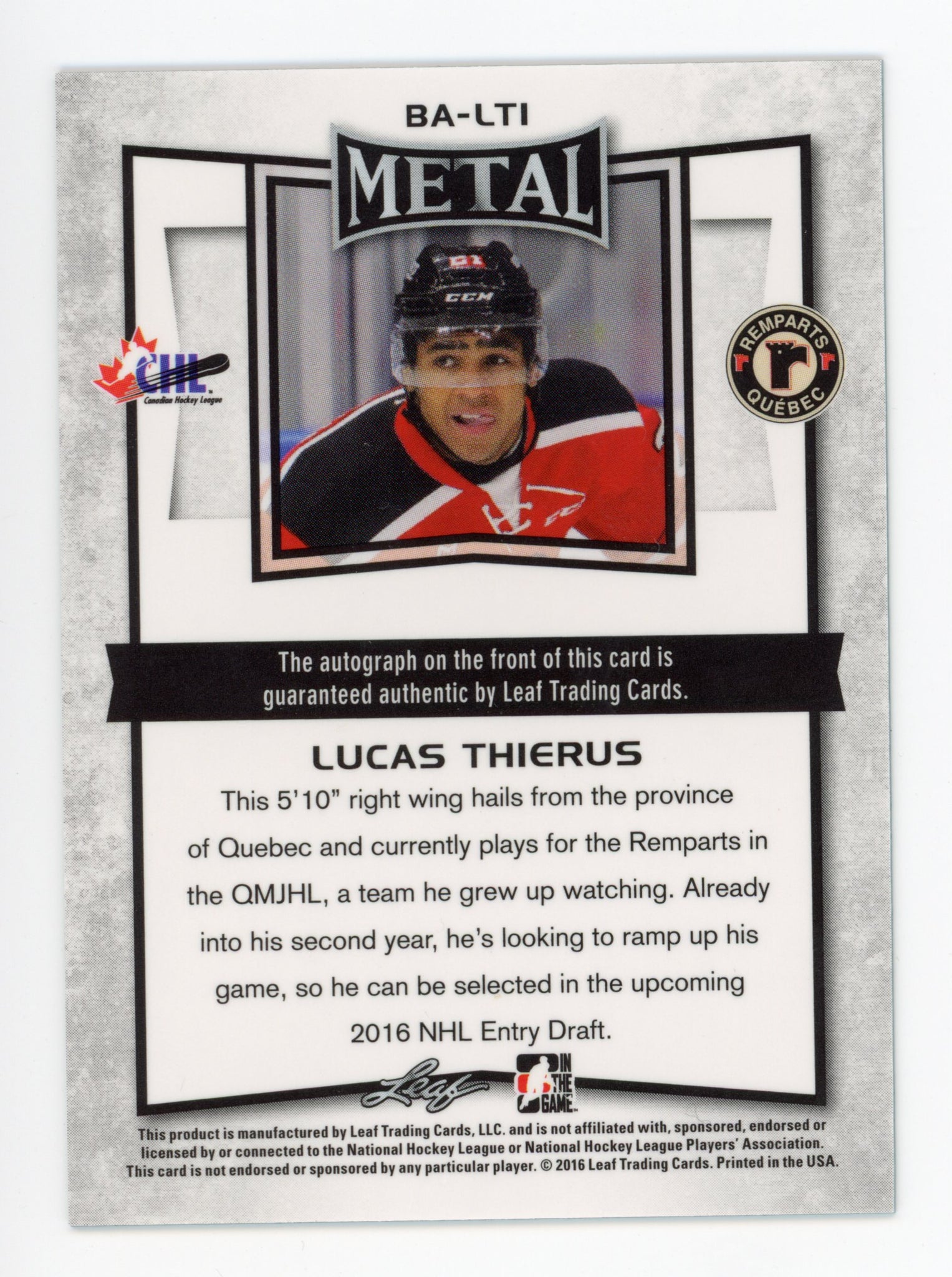 Lucas Thierus Autographed Authentic Metal Signature Quebec Remparts Leaf #BA-LT1