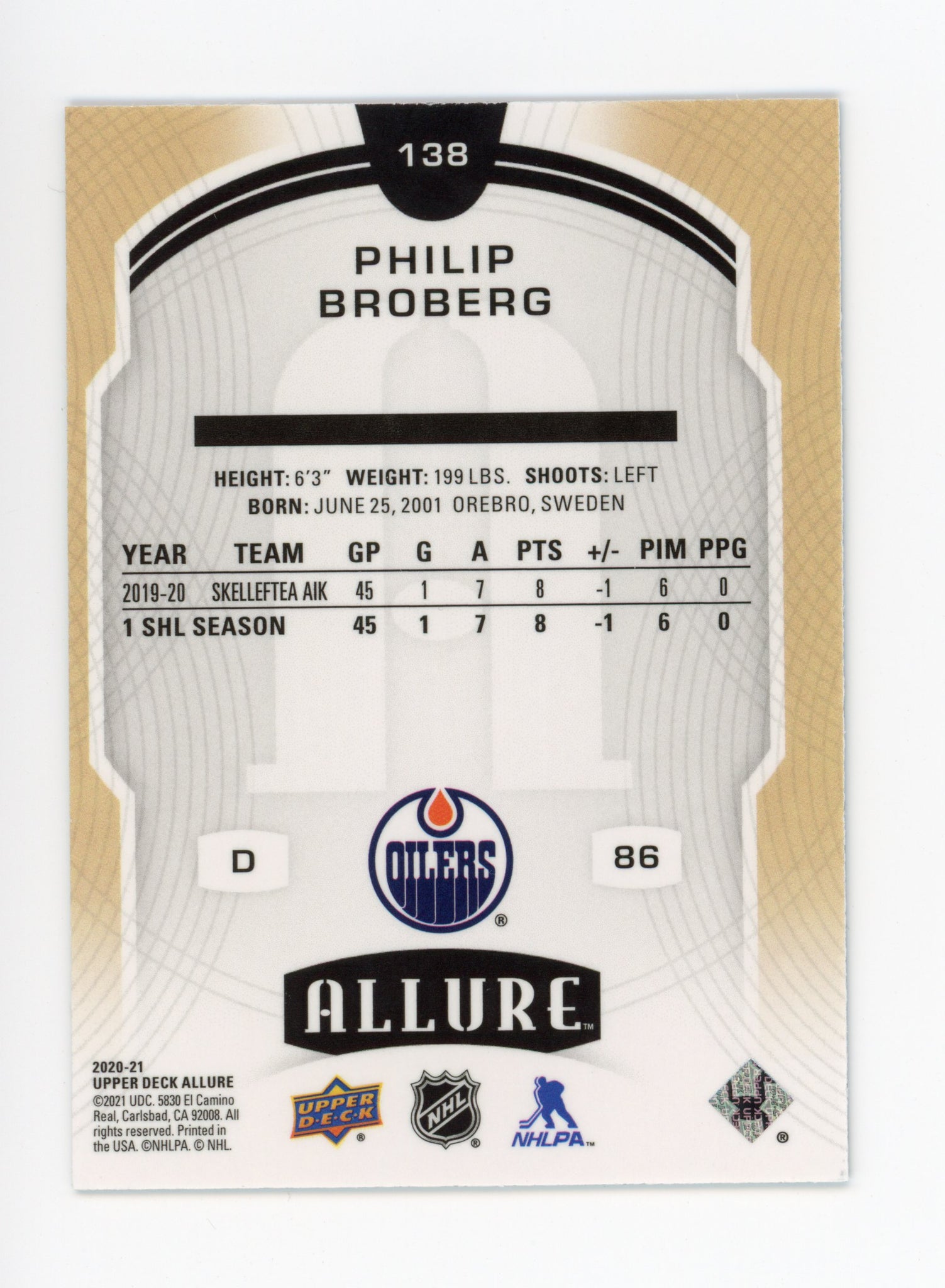 Philip Broberg Allure 2020-2021 Upper Deck Rookie Blue Edmonton Oilers #138