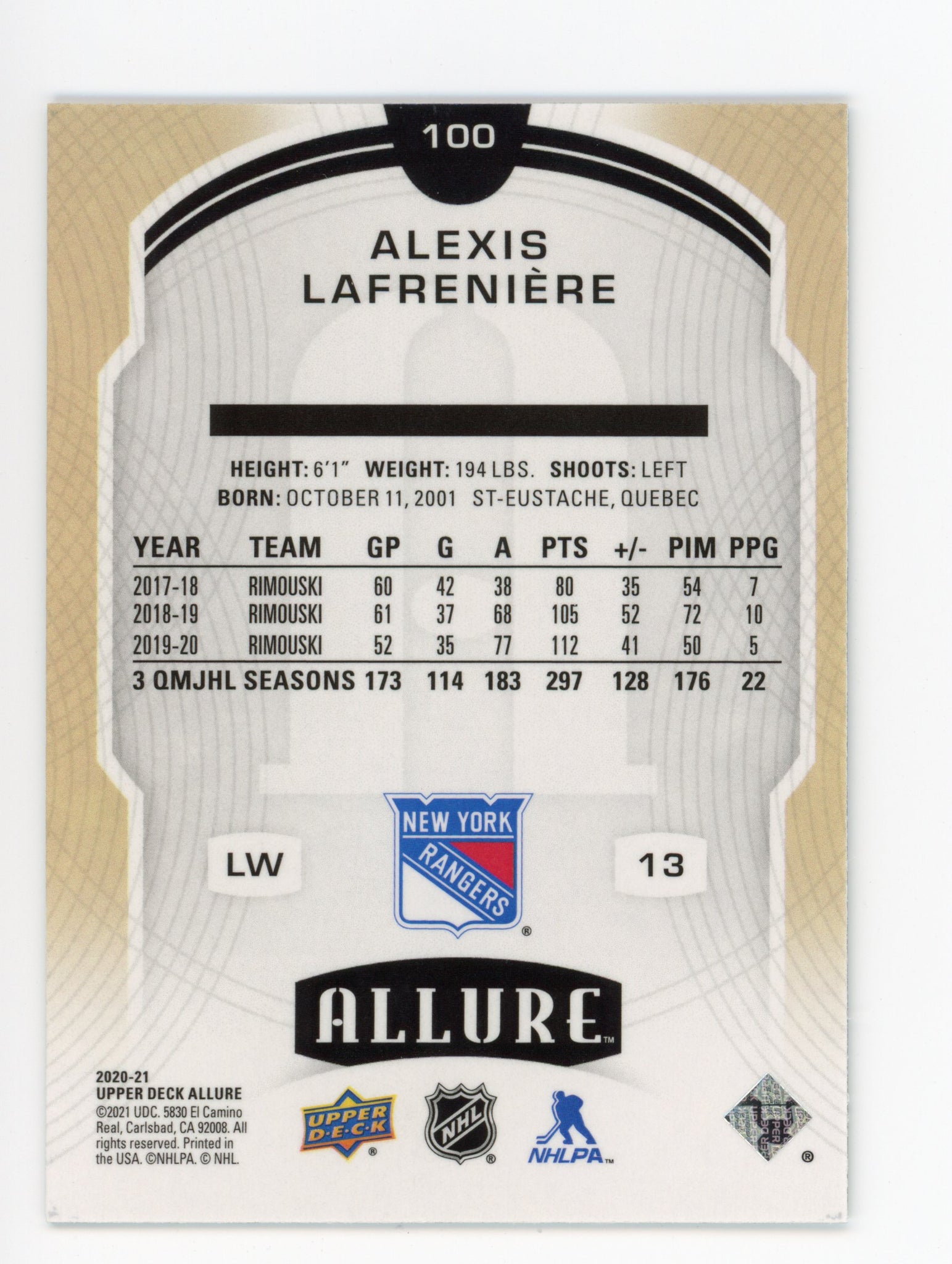 Alexis Lafreniere Allure 2020-2021 Base Rookie New York Rangers #100