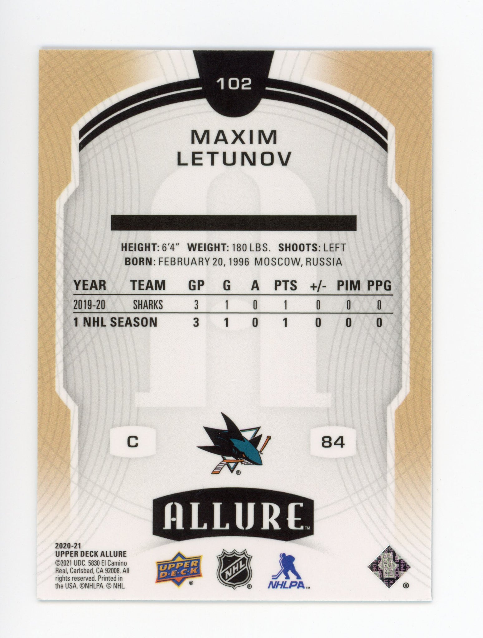 Maxim Letunov Allure 2020-2021 Blue Rookie San Jose Sharks #102